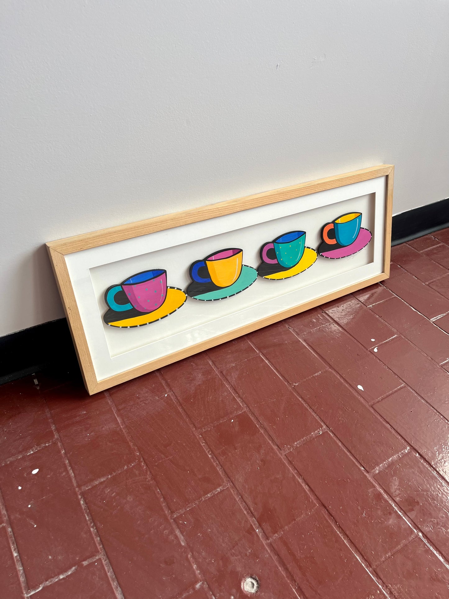 Vintage Signed Painted Shadow Box Tea Cups