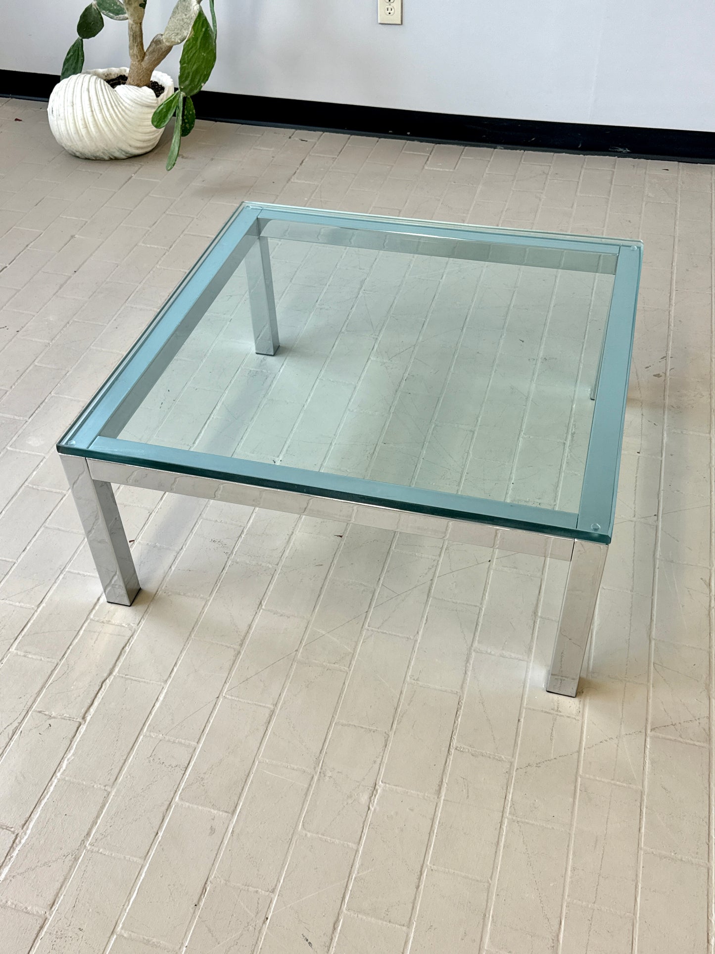 Milo Baughman Style Mid Century Chrome and Glass Coffee Table