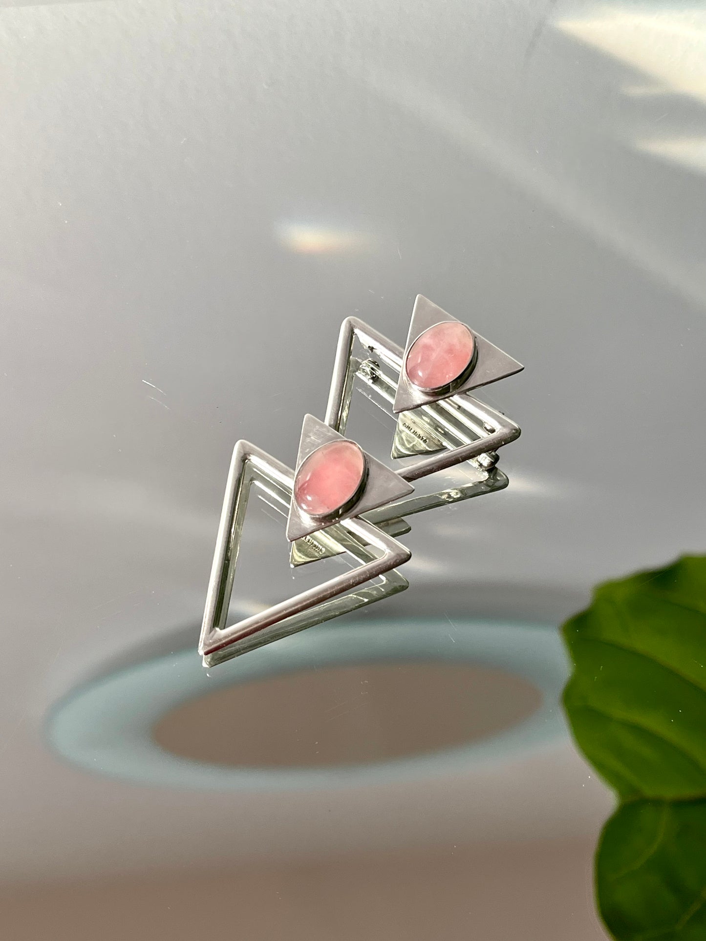 Vintage Modernist Sterling Silver and Rose Quartz Cabochon Brooch