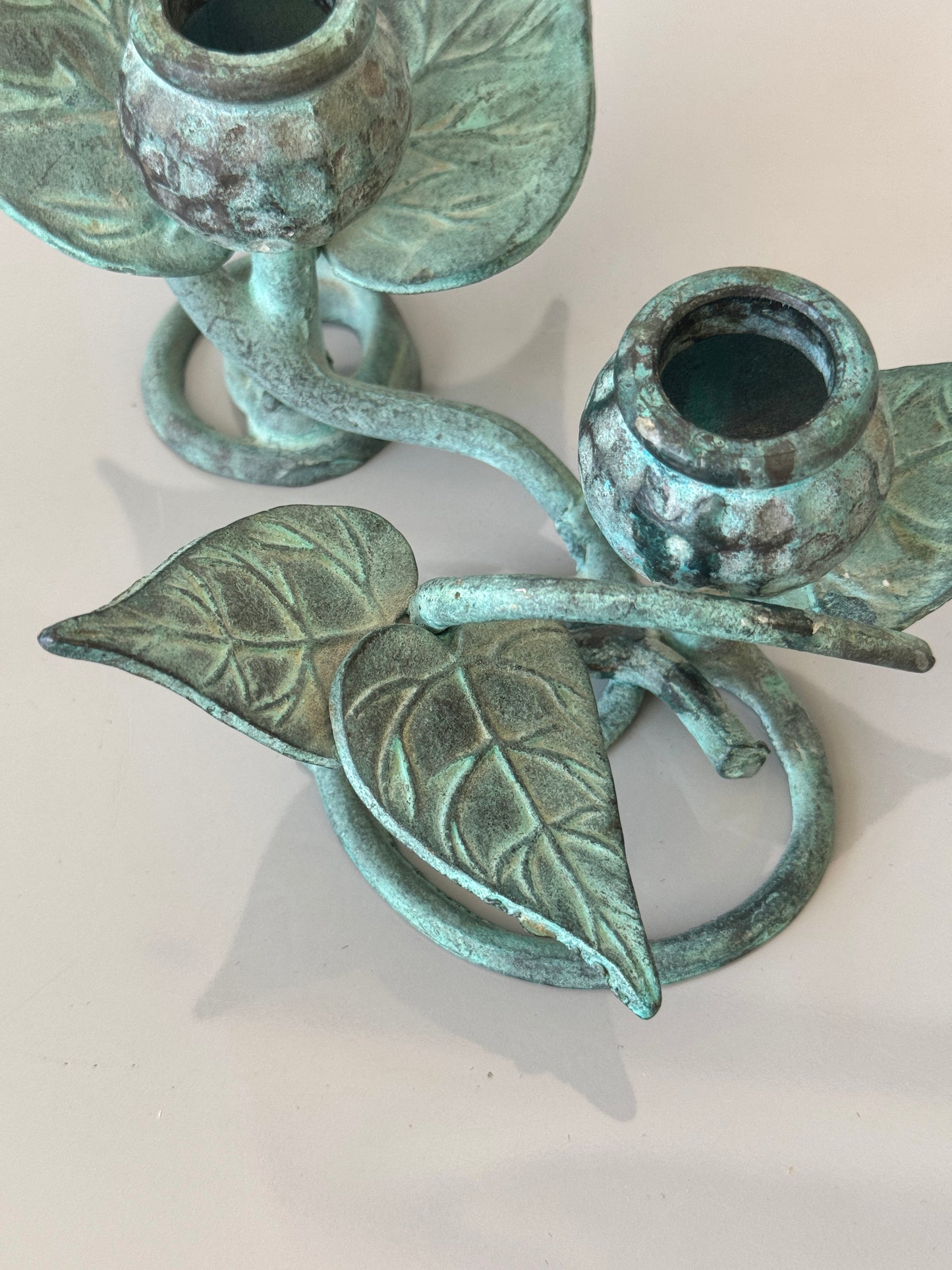 Vintage Green Verdigris Iron Vine Double Candelabra