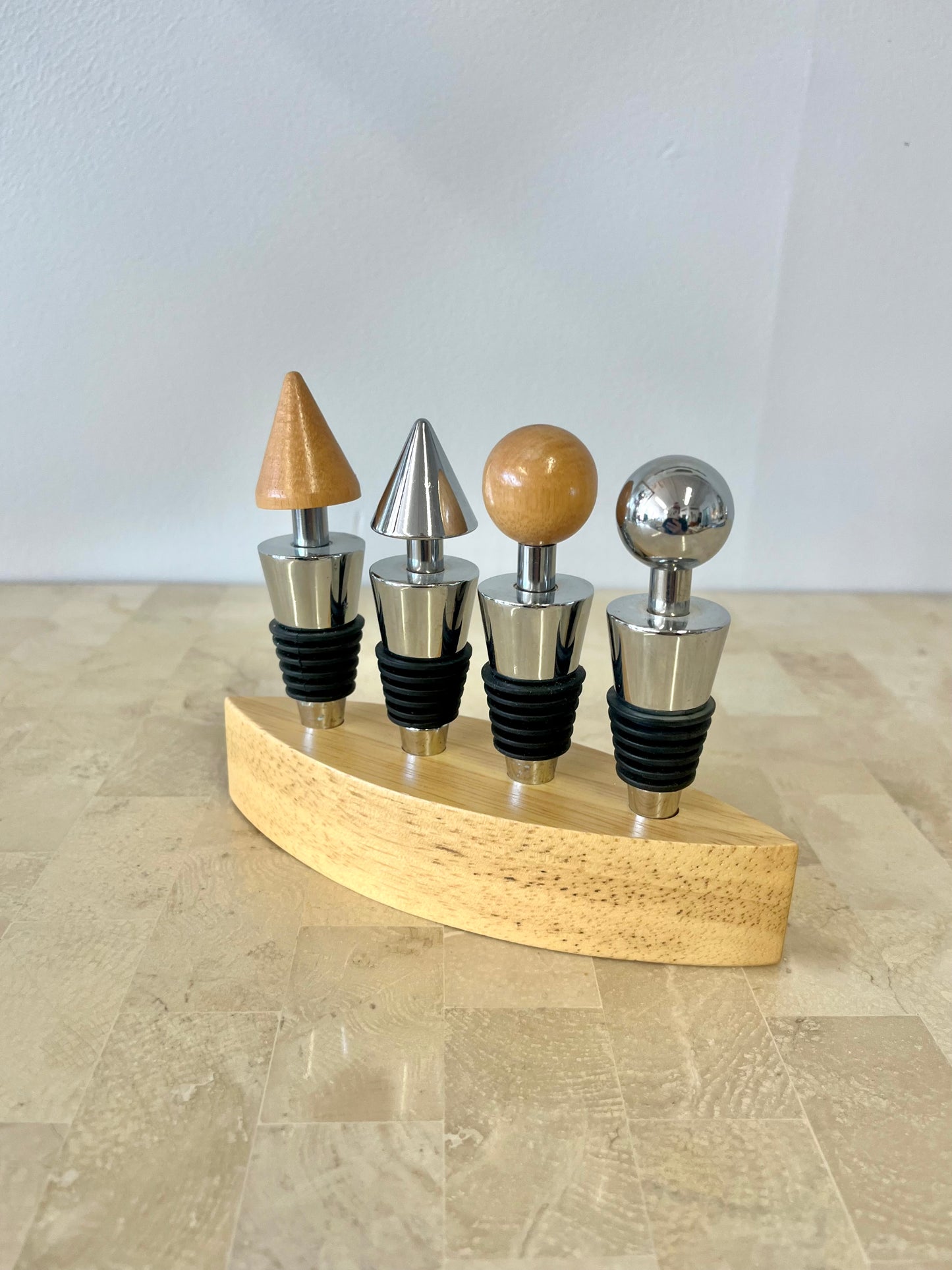 Postmodern Stainless Steel and Oak Bottle Stopper Set