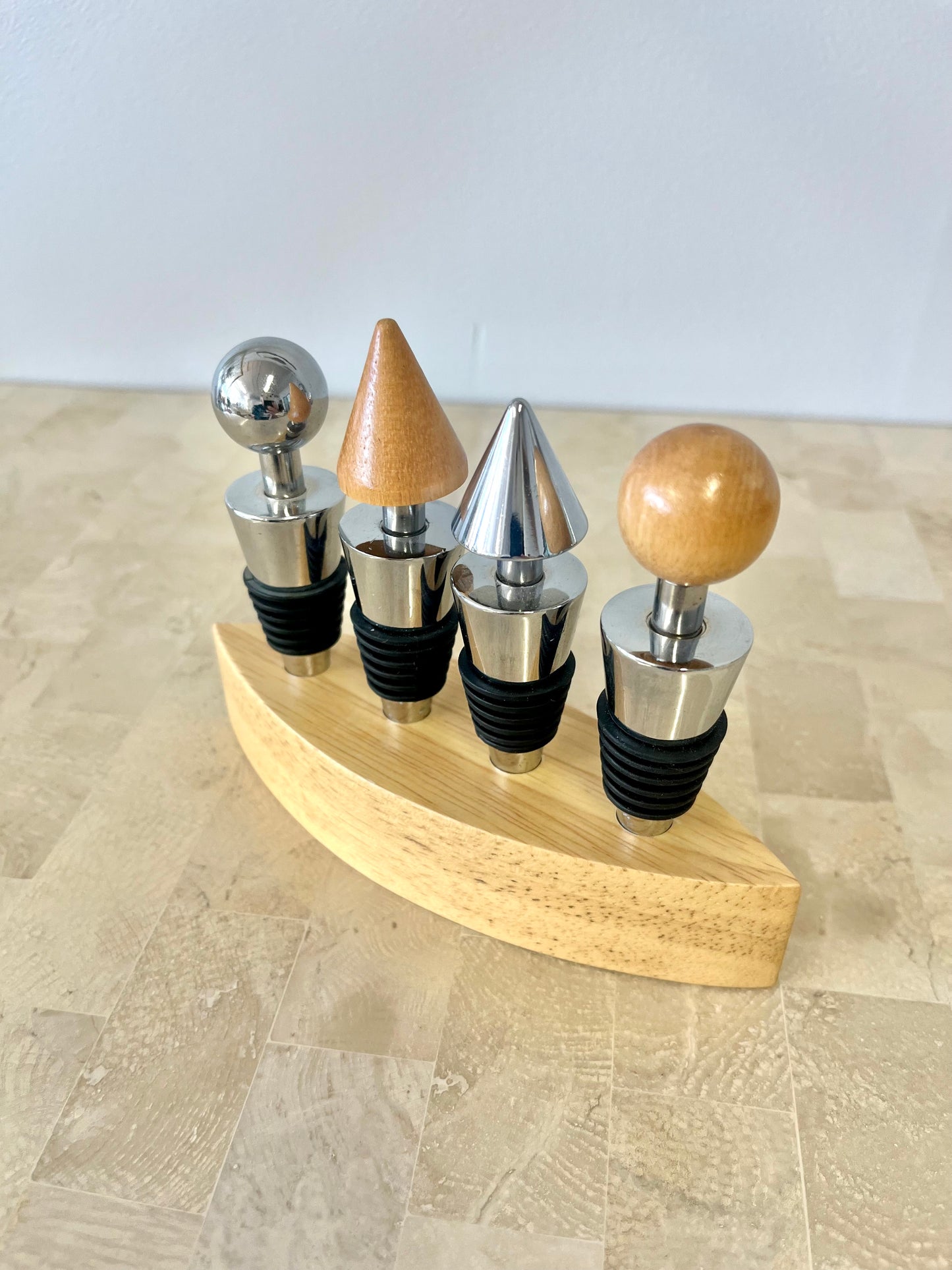Postmodern Stainless Steel and Oak Bottle Stopper Set