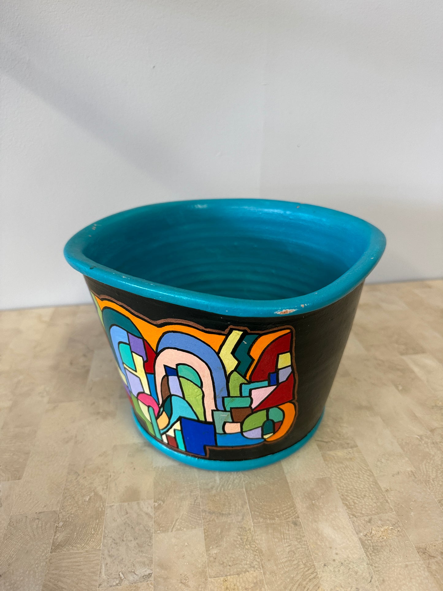 Vintage Handpainted Abstract Cubist Style Ceramic Planter