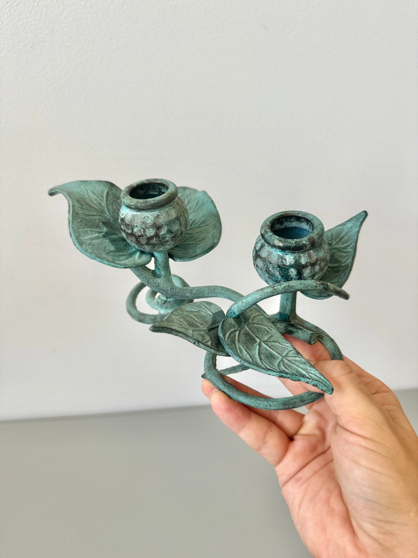 Vintage Green Verdigris Iron Vine Double Candelabra