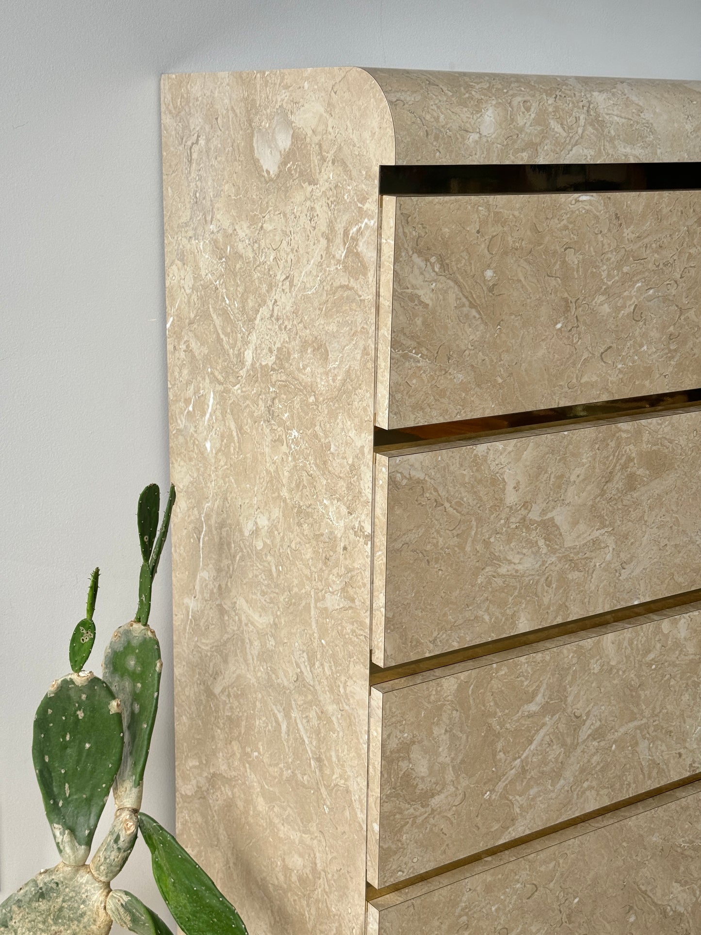 Postmodern Faux Marble Laminate & Brass Waterfall Highboy Dresser