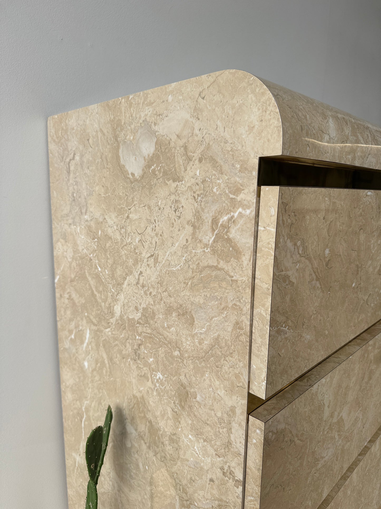 Postmodern Faux Marble Laminate & Brass Waterfall Highboy Dresser