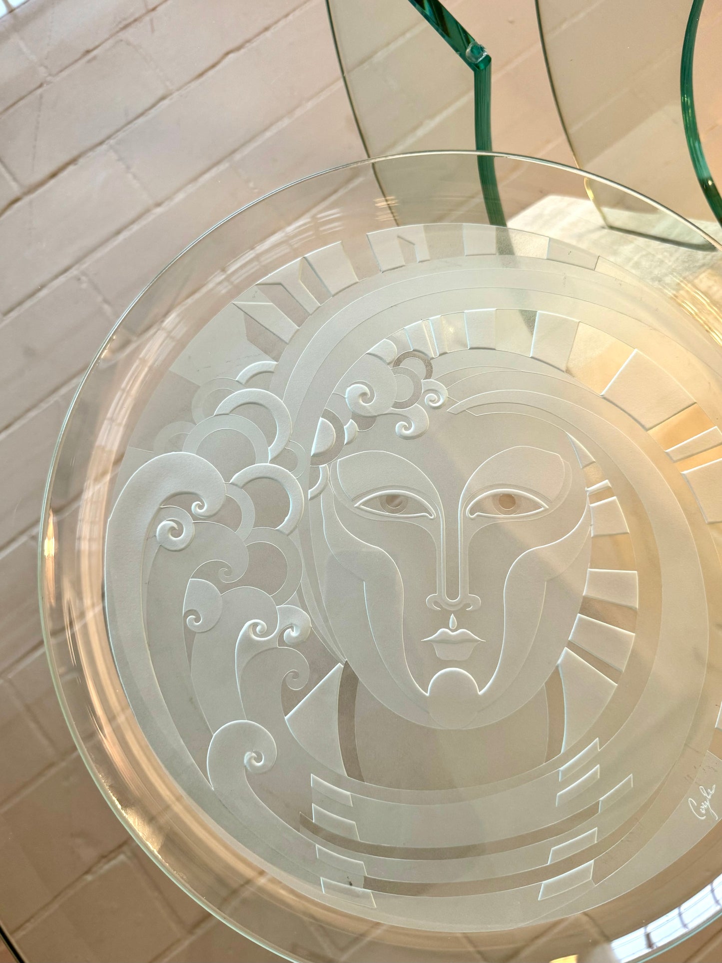 Vintage Signed Perry Coyle Etched Art Glass Serving Platter