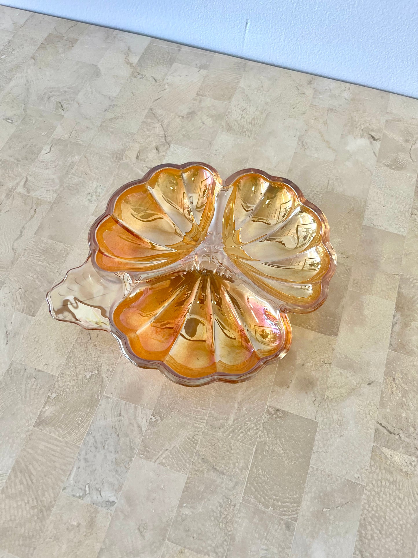 Vintage Marigold Carnival Glass Clover Trinket Dish