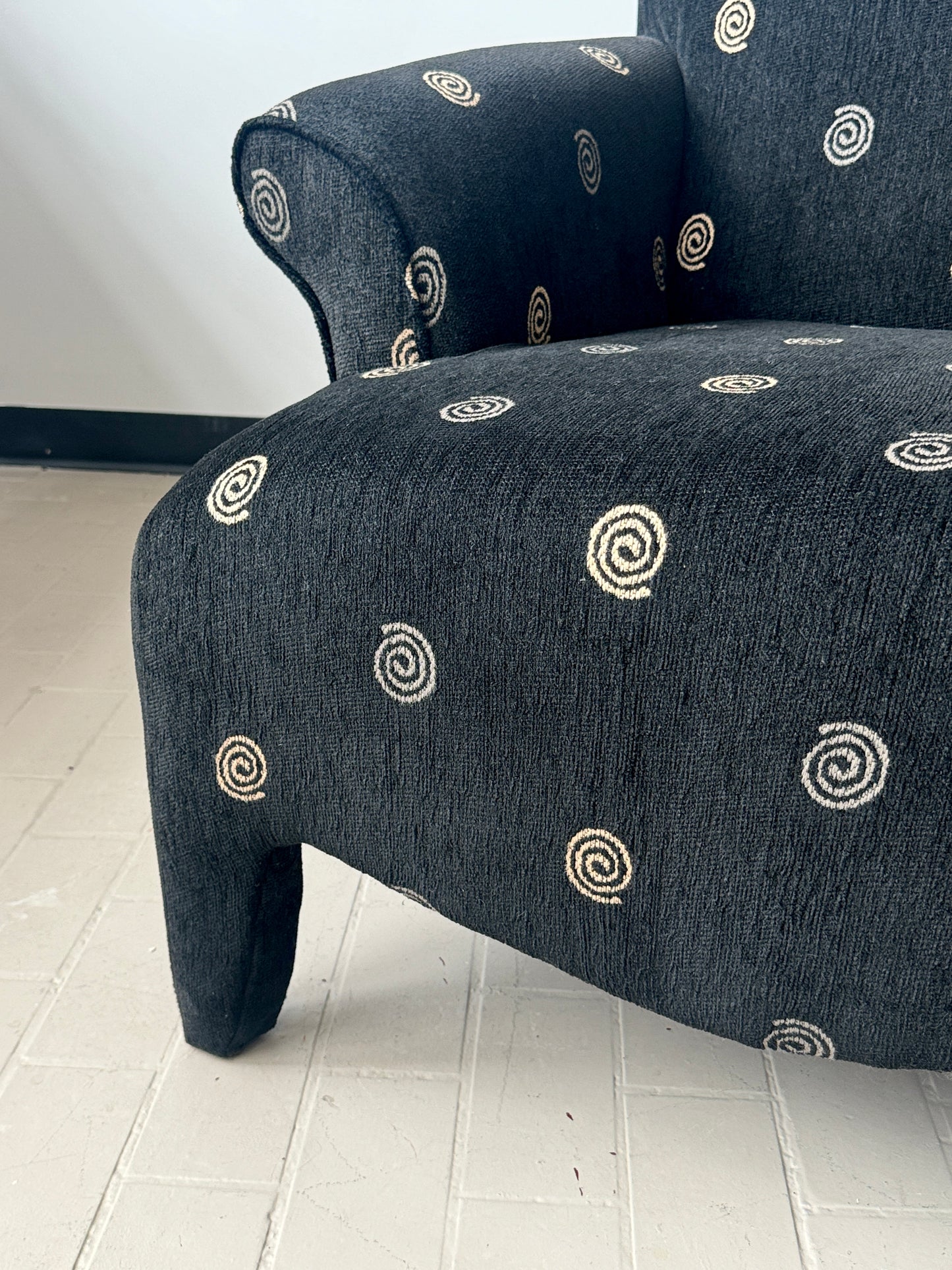 Postmodern Spiral Motif Upholstered Club Chair in the style of Donghia Luciano