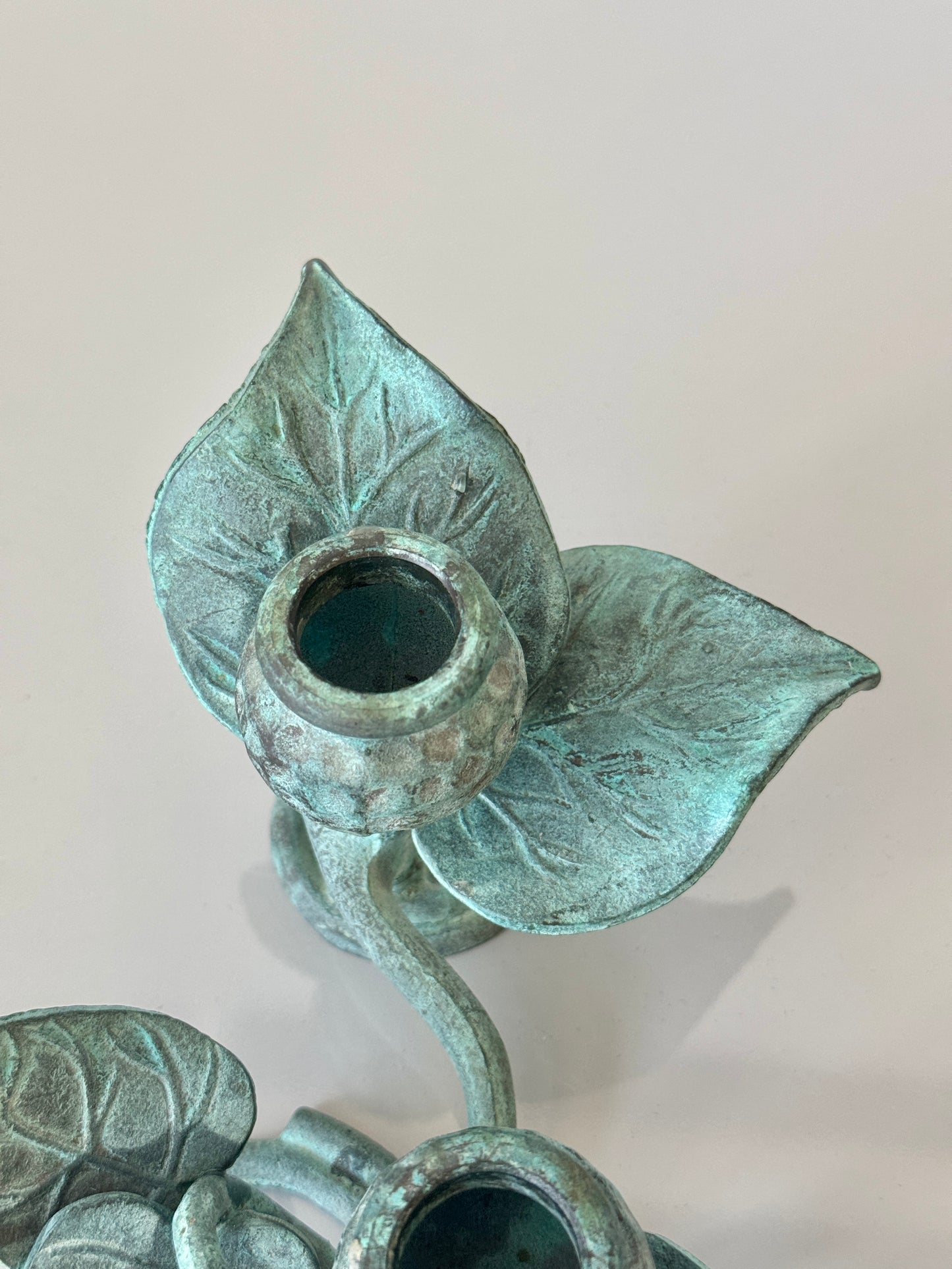 Vintage Green Verdigris Iron Vine Double Candelabra