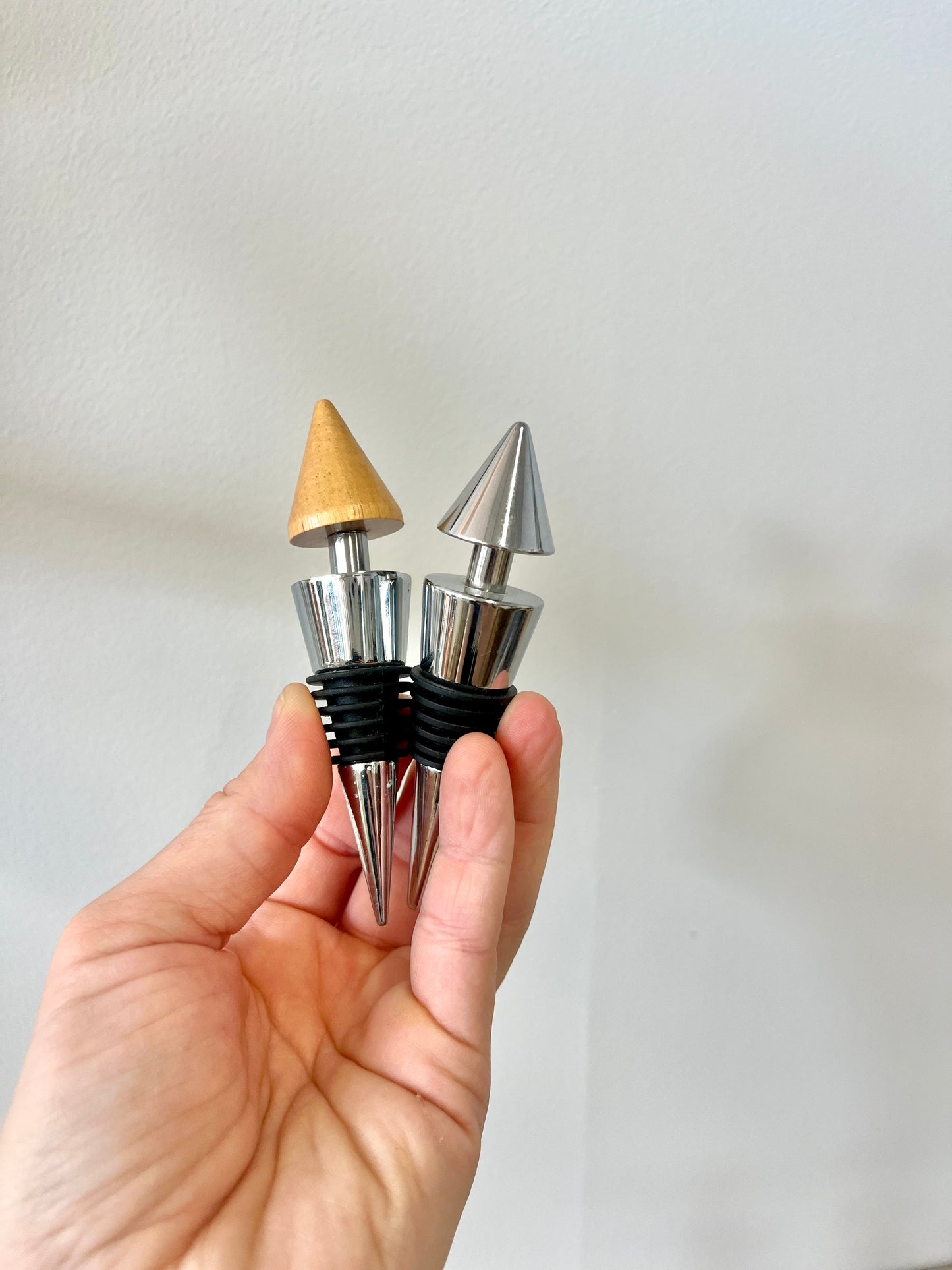 Postmodern Stainless Steel and Oak Bottle Stopper Set