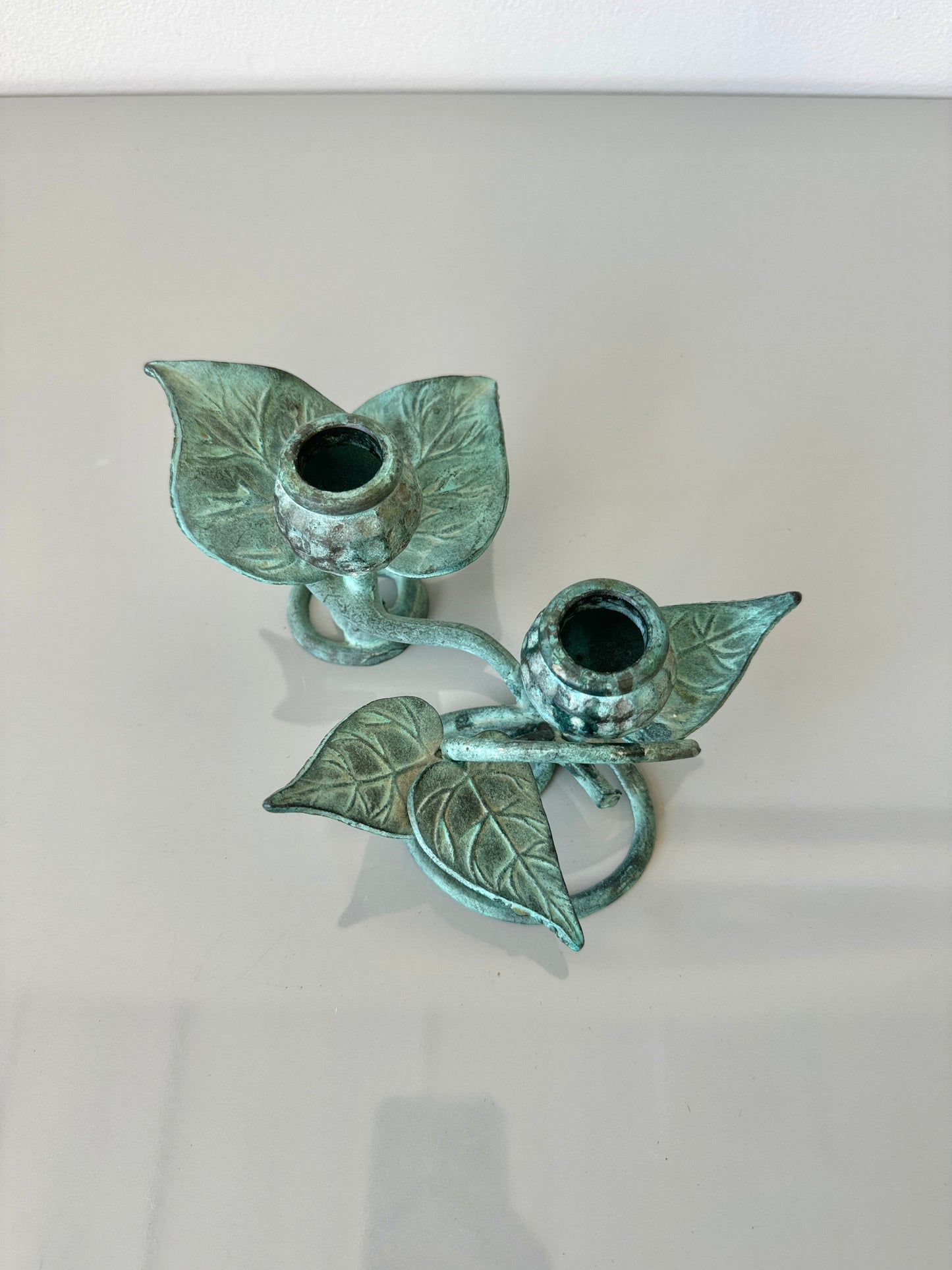 Vintage Green Verdigris Iron Vine Double Candelabra