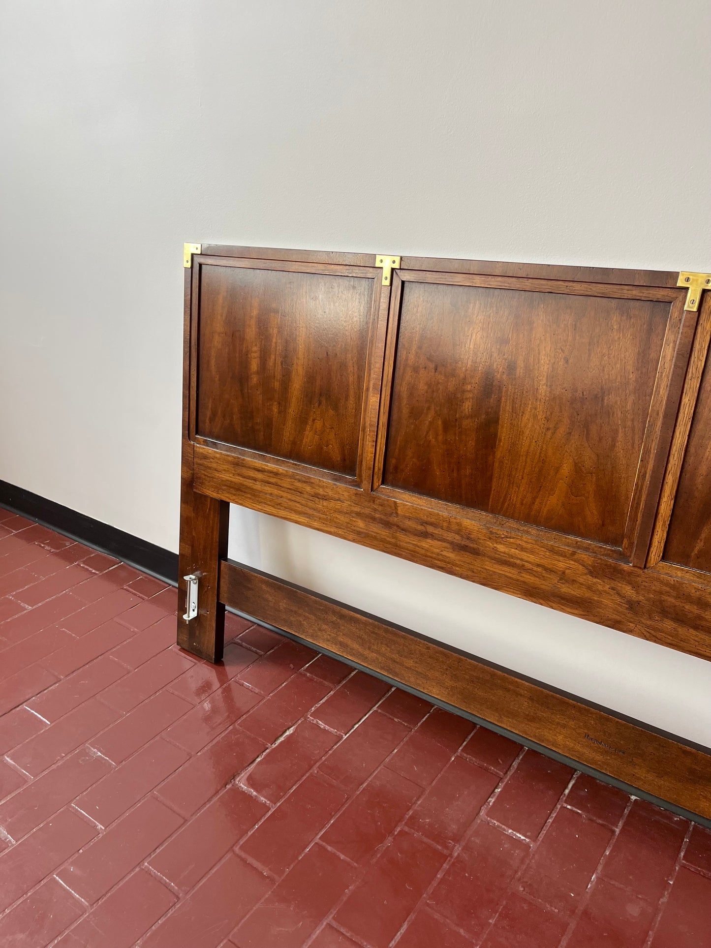 Mid Century Henredon Campaign Style Walnut and Brass King Headboard