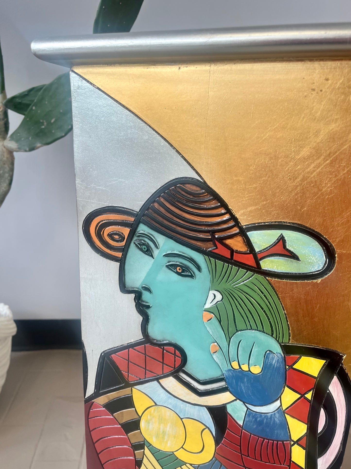 Vintage Picasso Style Silver and Gold Leaf Abstract Figure Pedestal