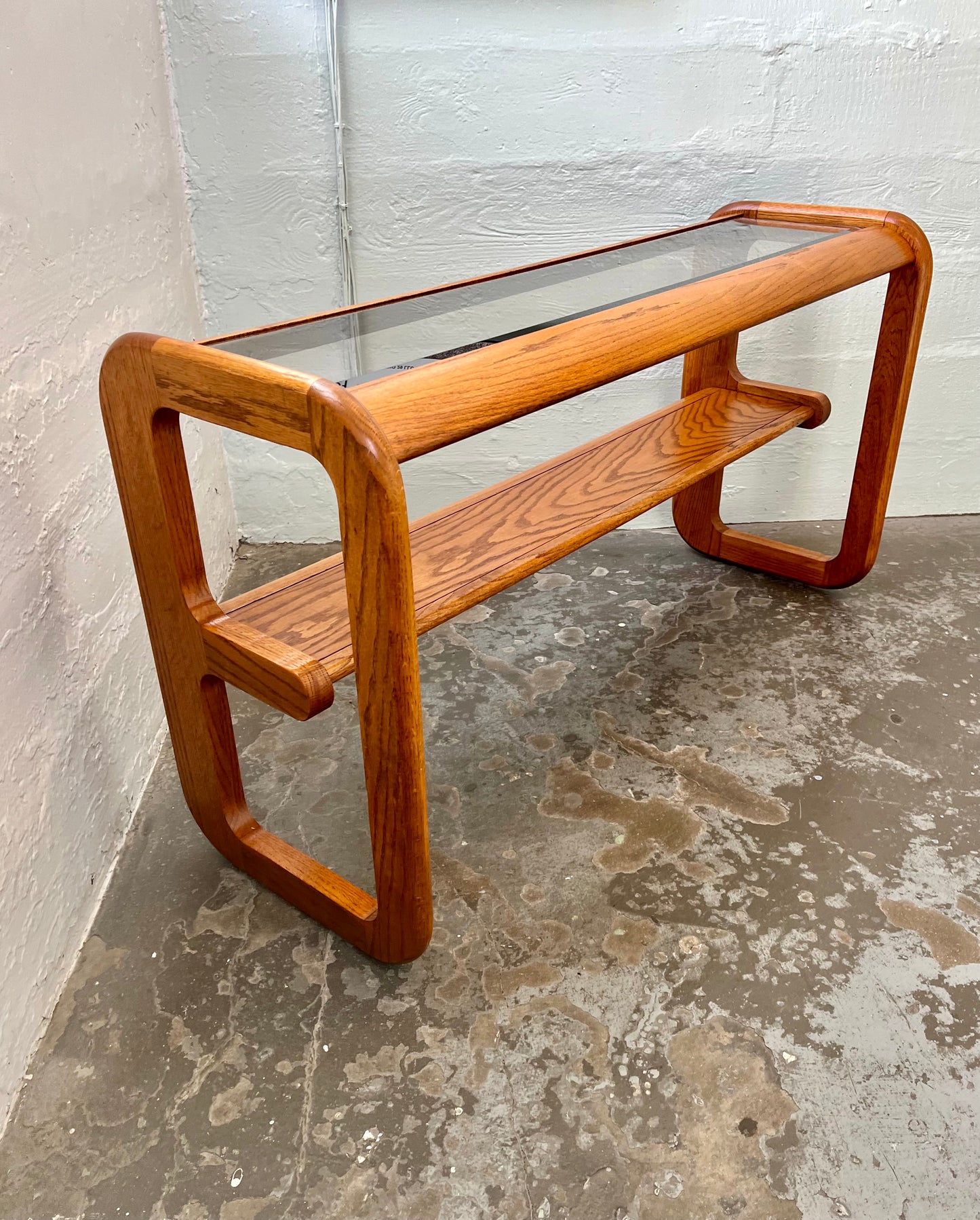 Postmodern Lou Hodges Style Oak and Smoked Glass Console Table