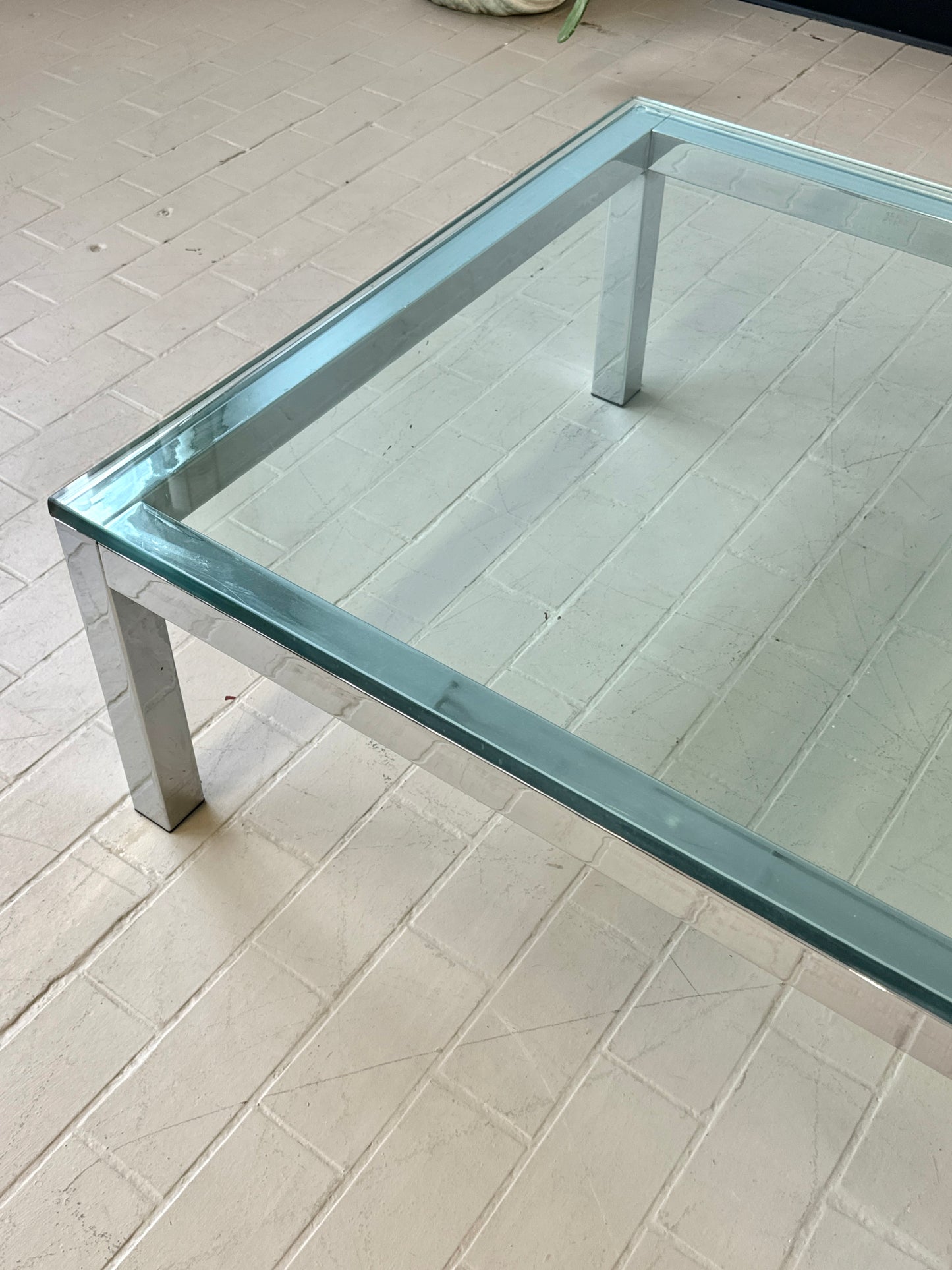Milo Baughman Style Mid Century Chrome and Glass Coffee Table