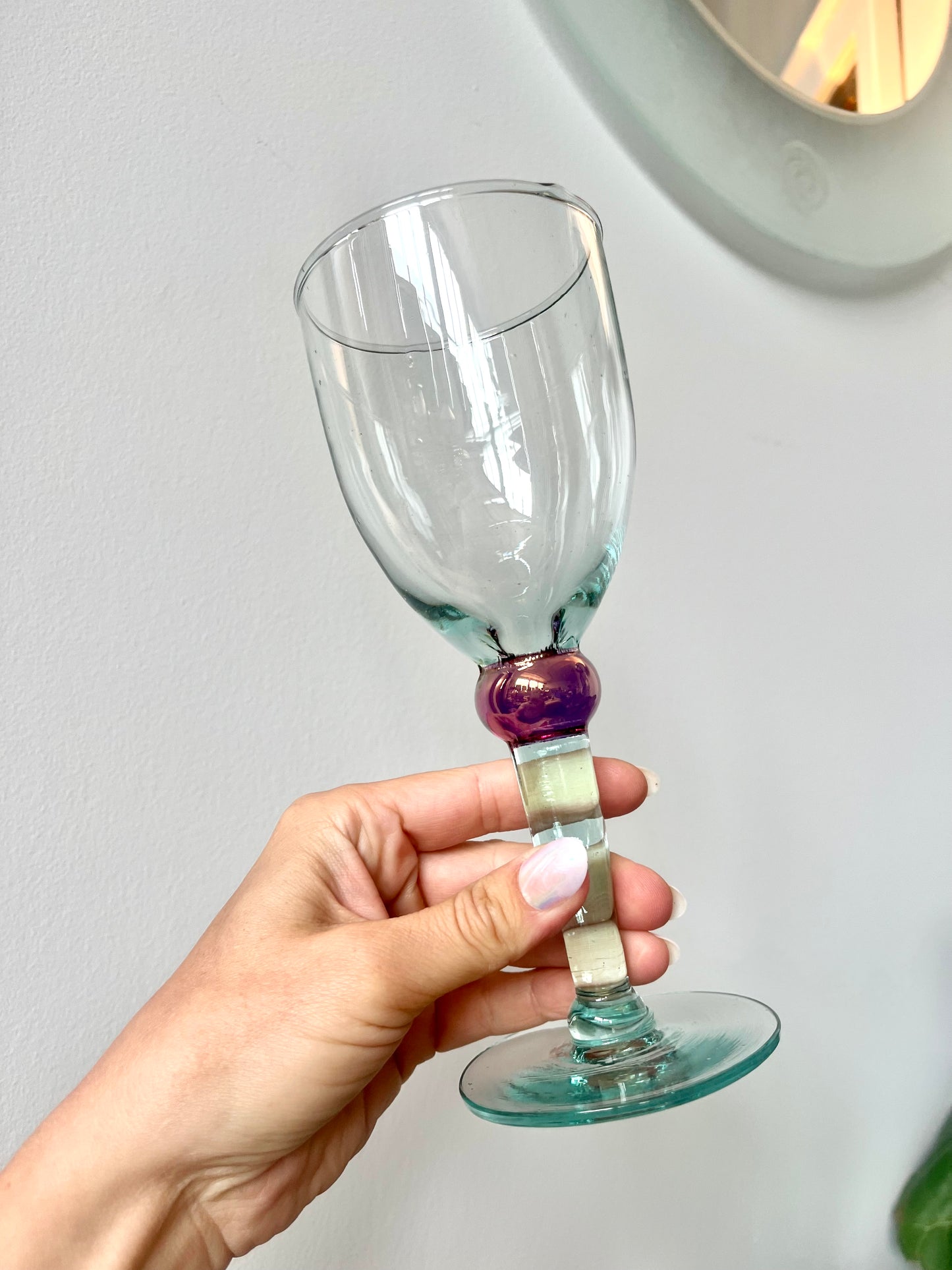 Postmodern Handblown Aqua and Iridescent Purple Wine Glasses