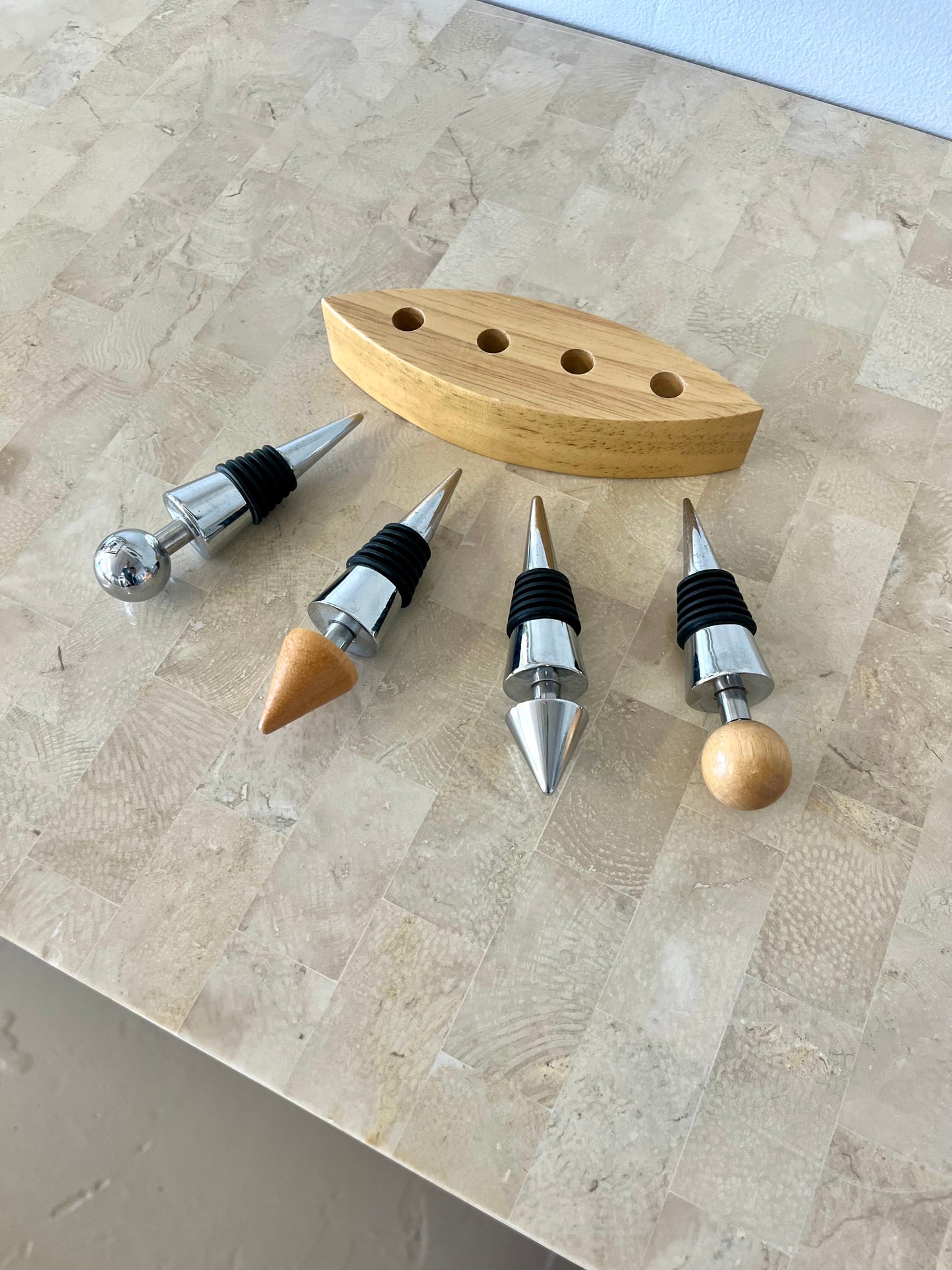 Postmodern Stainless Steel and Oak Bottle Stopper Set