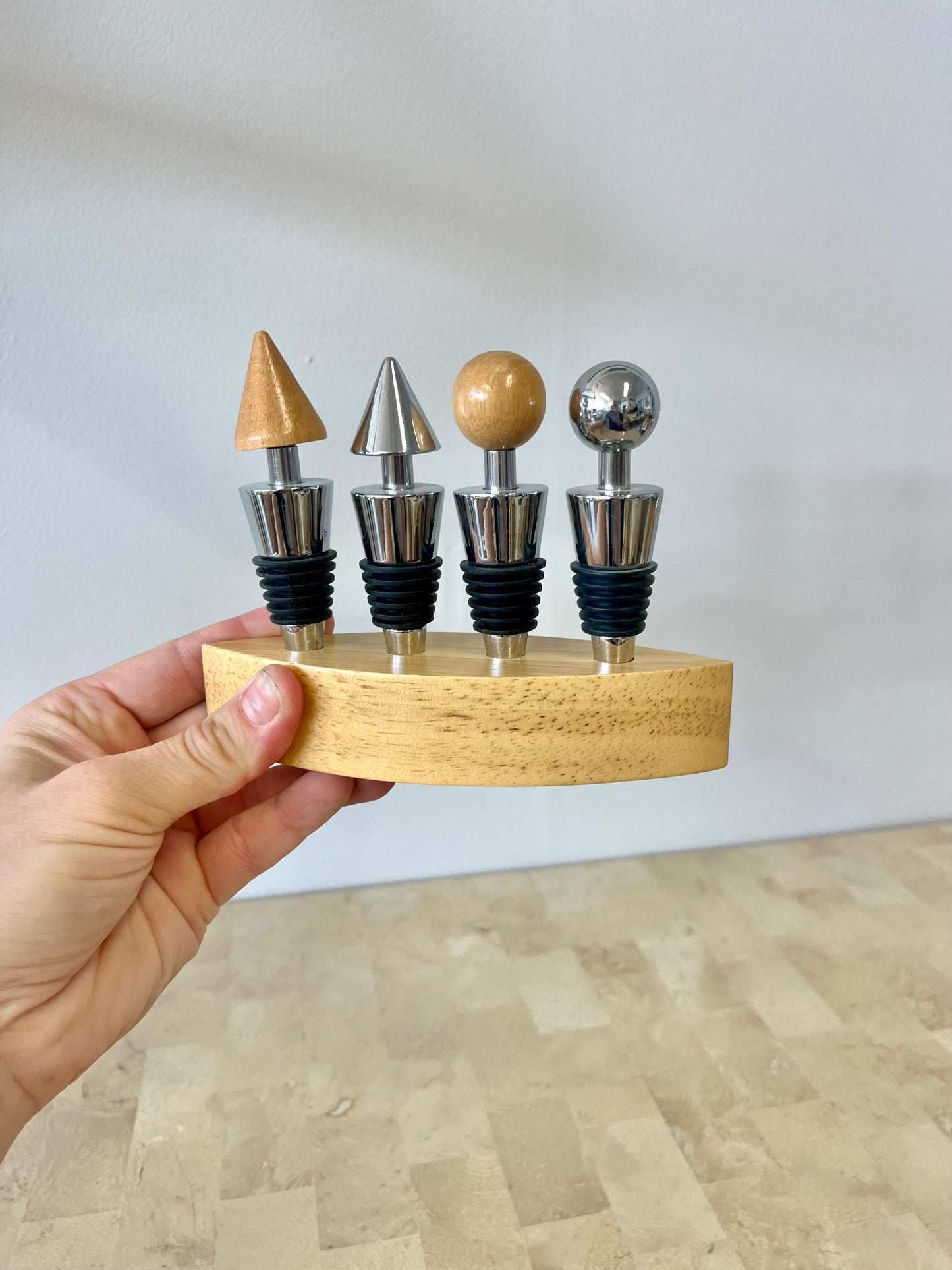 Postmodern Stainless Steel and Oak Bottle Stopper Set