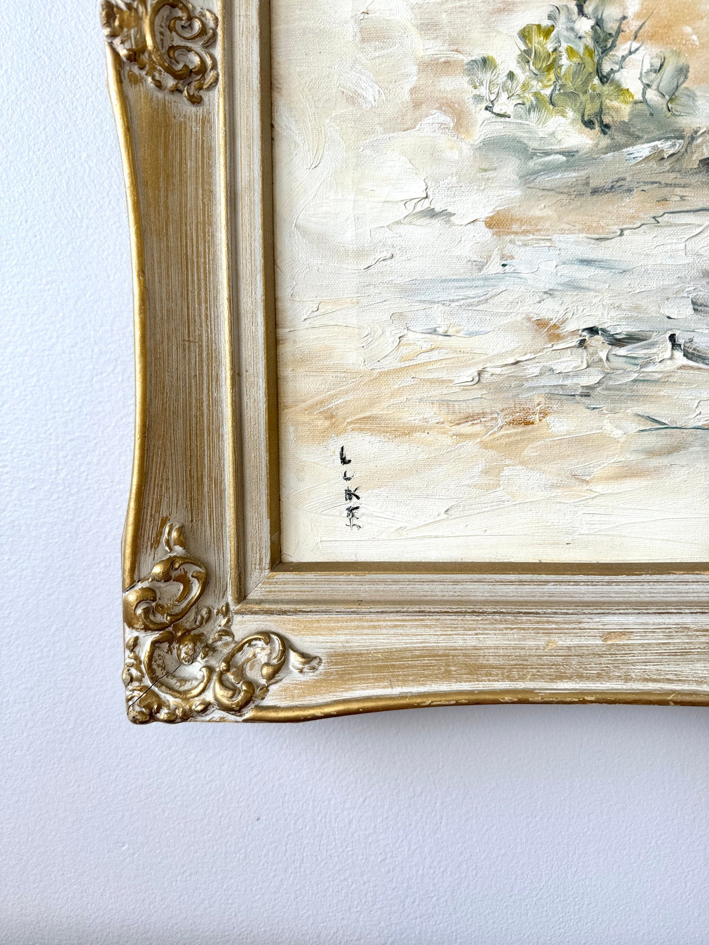 Vintage River’s Edge Oil Painting in Carved Wood Frame