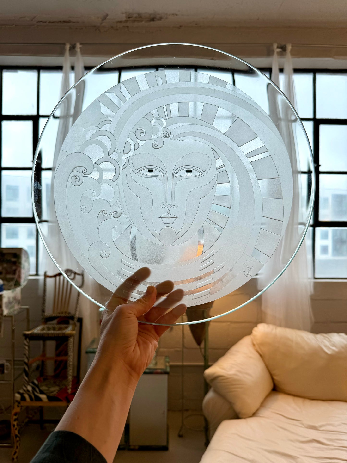 Vintage Signed Perry Coyle Etched Art Glass Serving Platter