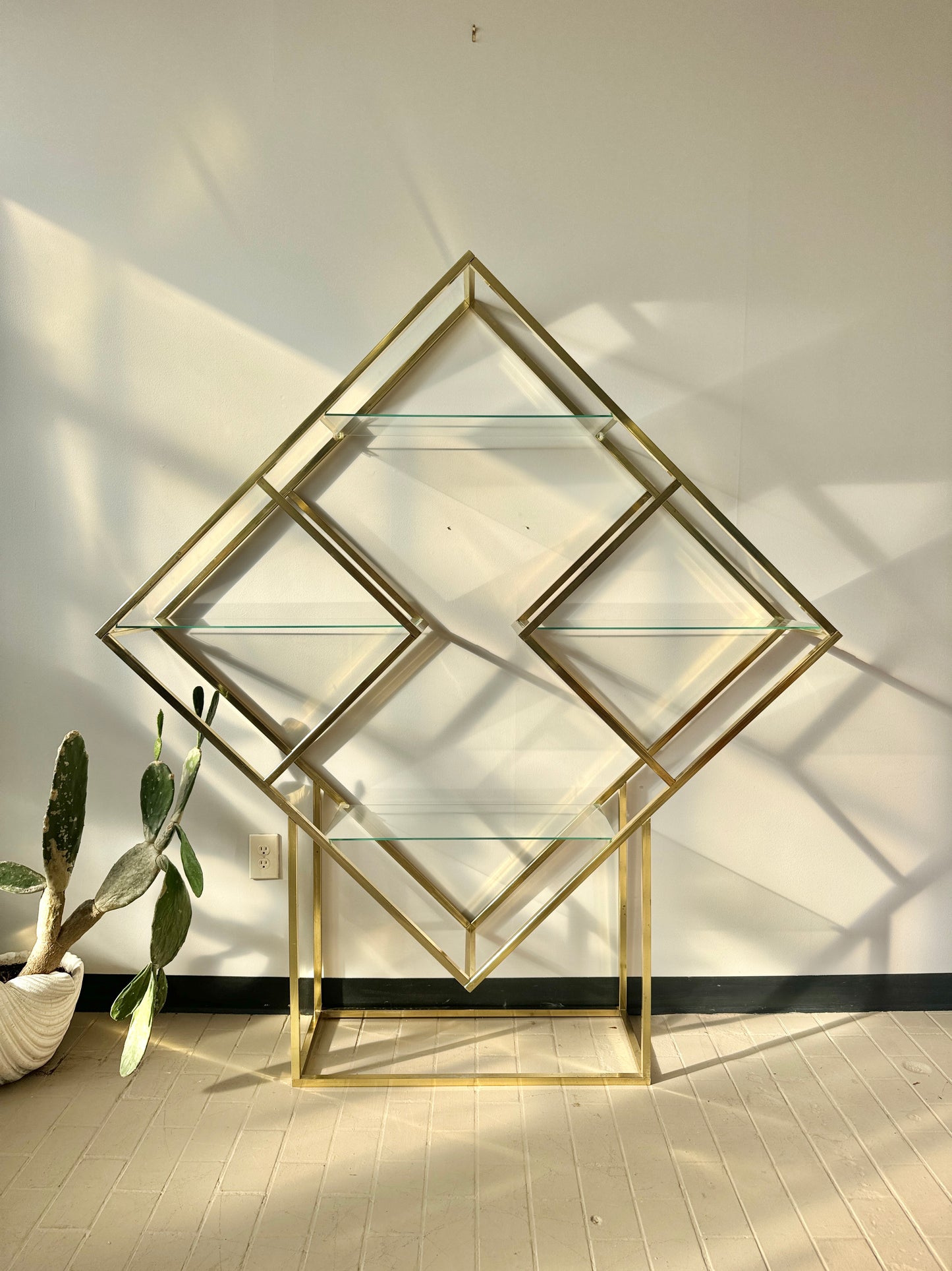 Vintage Diamond Brass and Glass Etagere