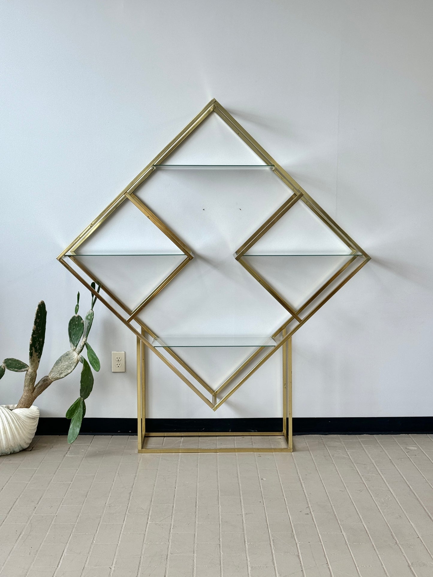 Vintage Diamond Brass and Glass Etagere