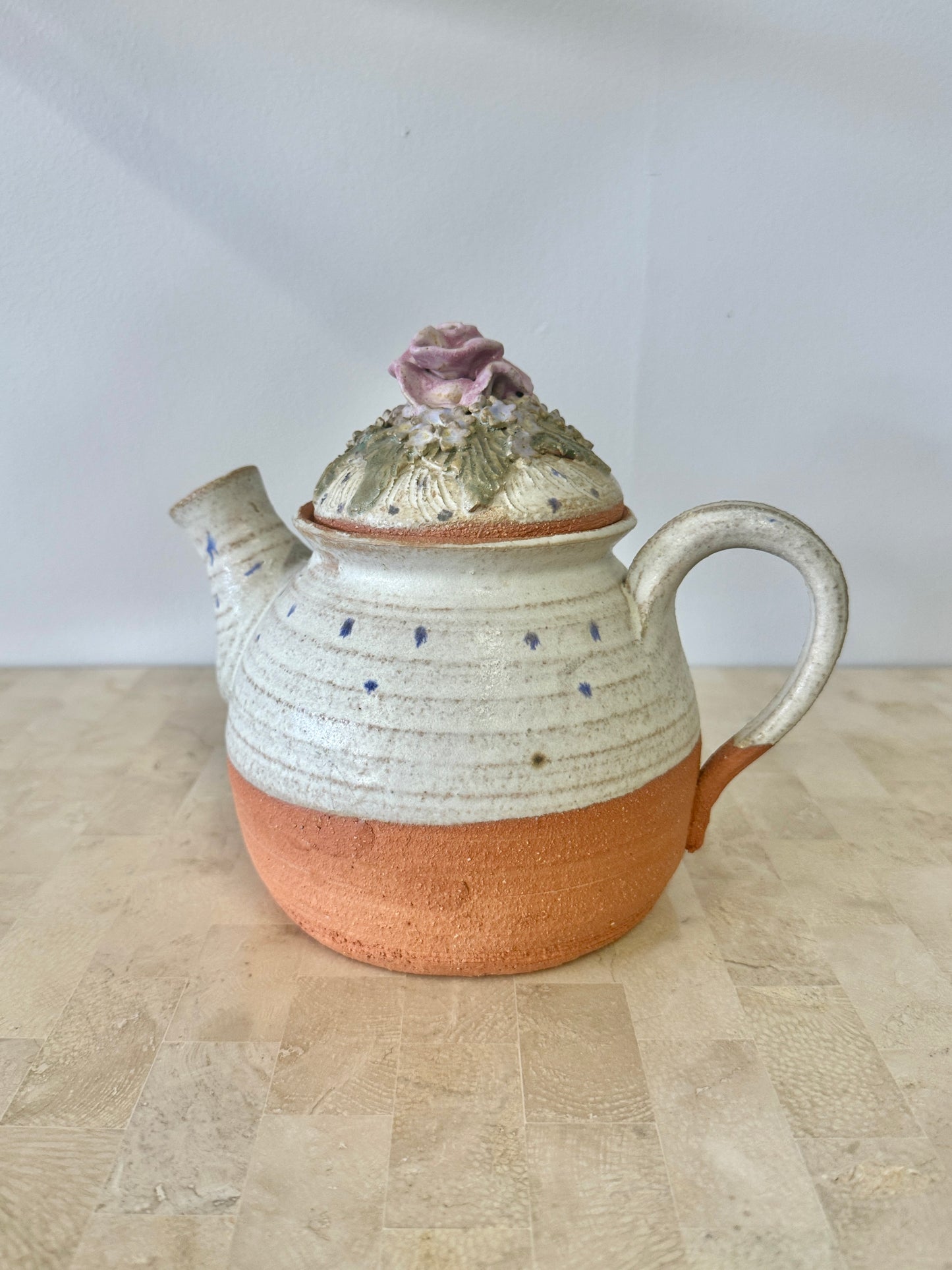 Vintage 1999 Studio Pottery Teapot with Applied Rose Lid