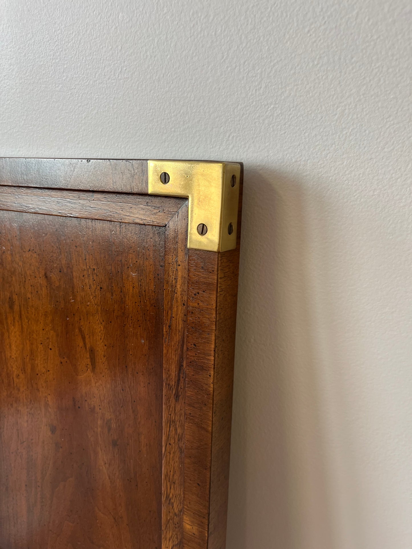 Mid Century Henredon Campaign Style Walnut and Brass King Headboard