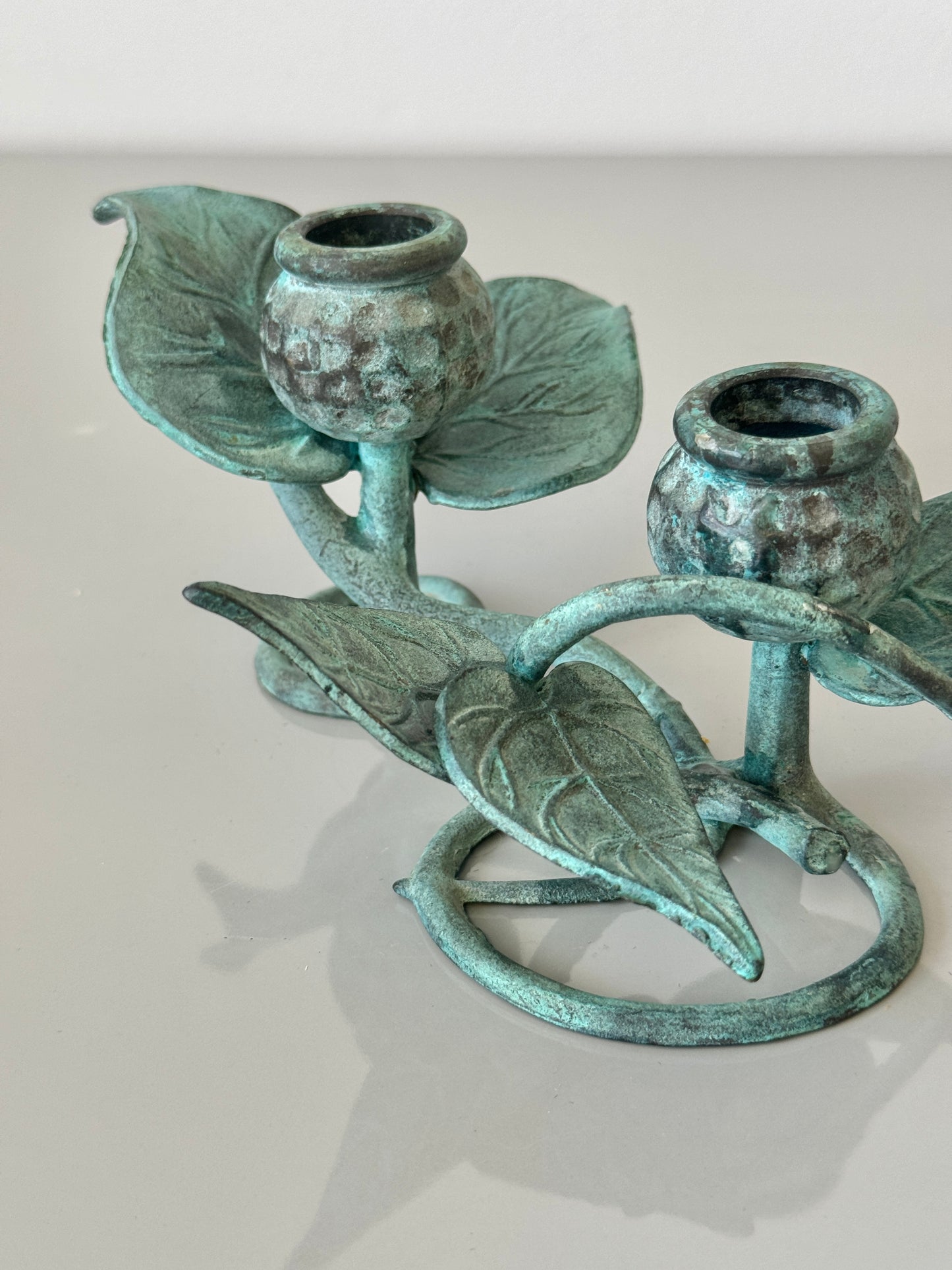 Vintage Green Verdigris Iron Vine Double Candelabra