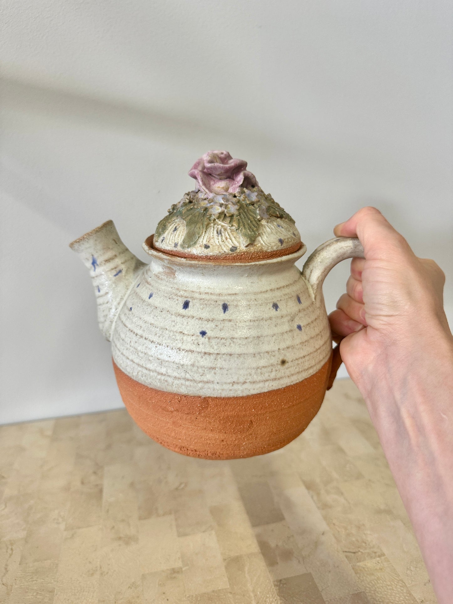 Vintage 1999 Studio Pottery Teapot with Applied Rose Lid