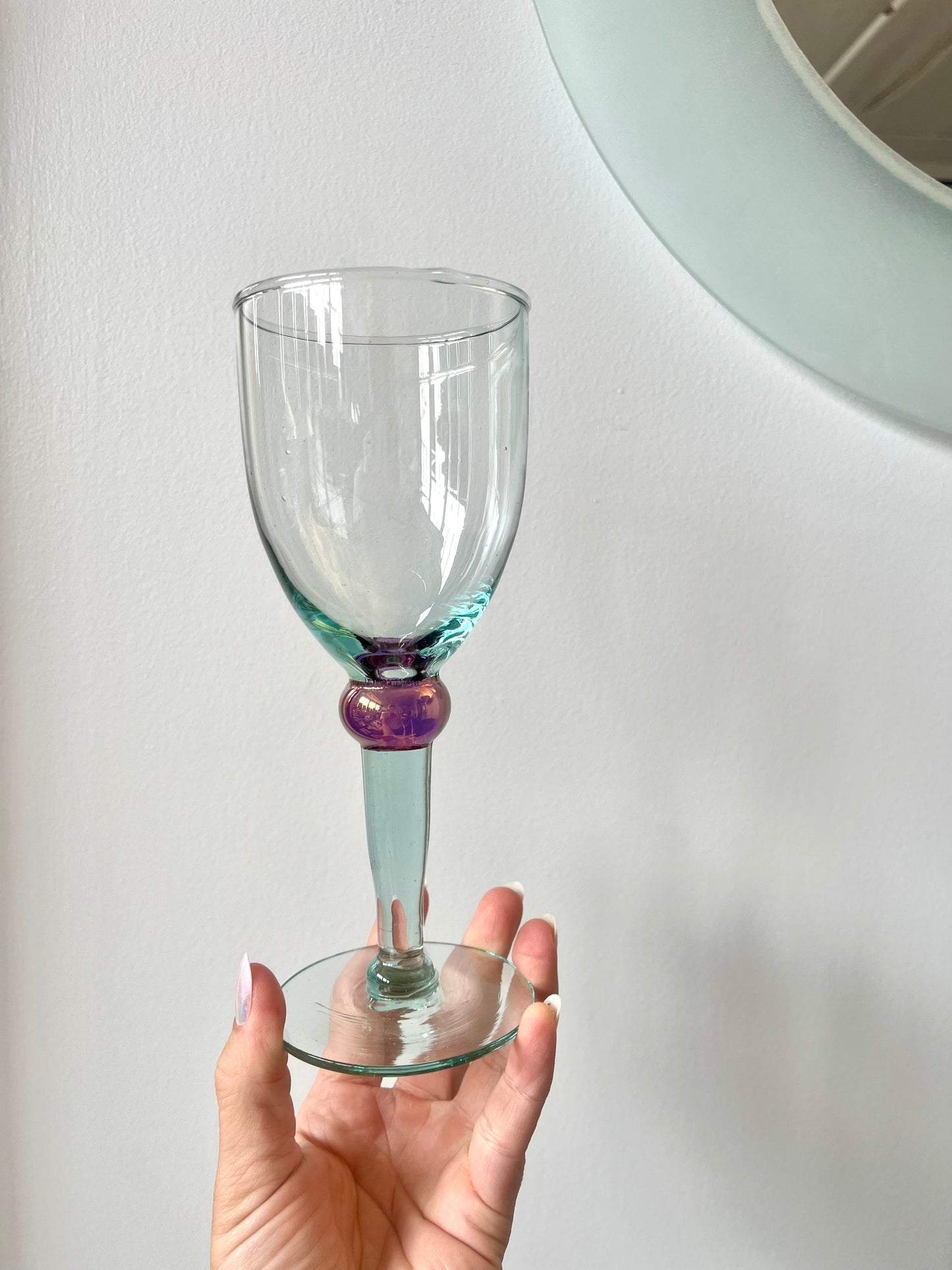 Postmodern Handblown Aqua and Iridescent Purple Wine Glasses