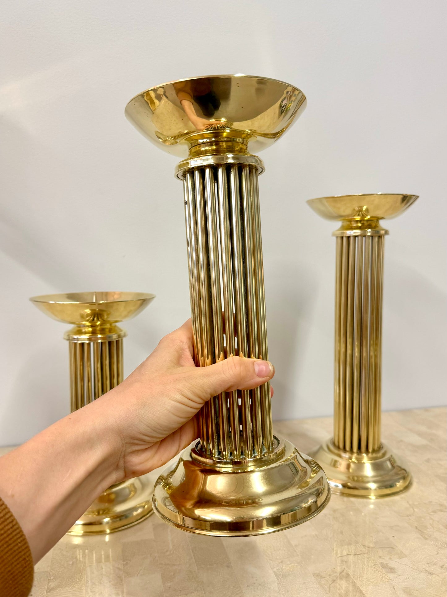 Vintage Brass Pedestal Pillar Candle Holder Trio