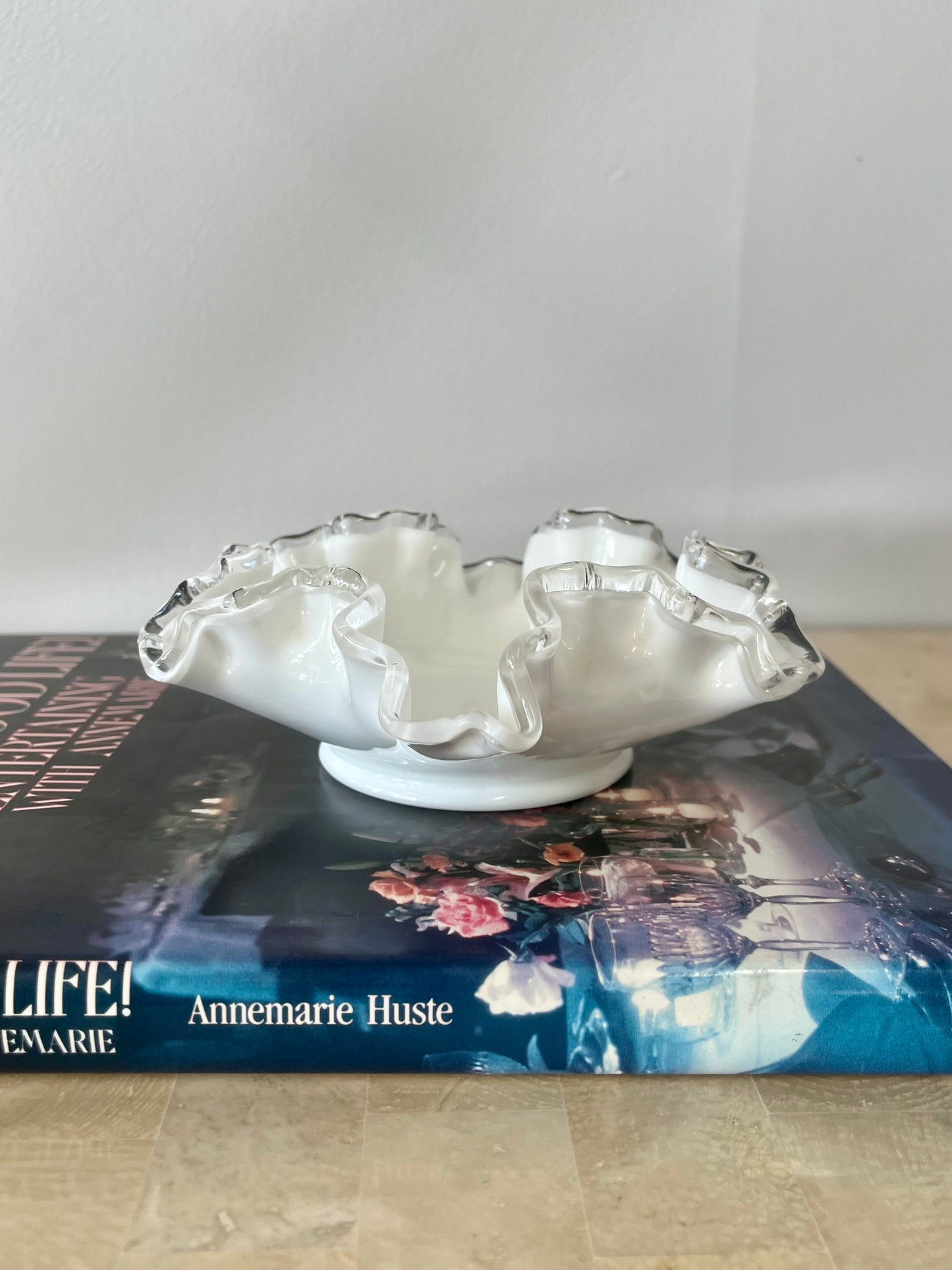 Vintage Fenton Milk Glass Ruffle Trinket Dish