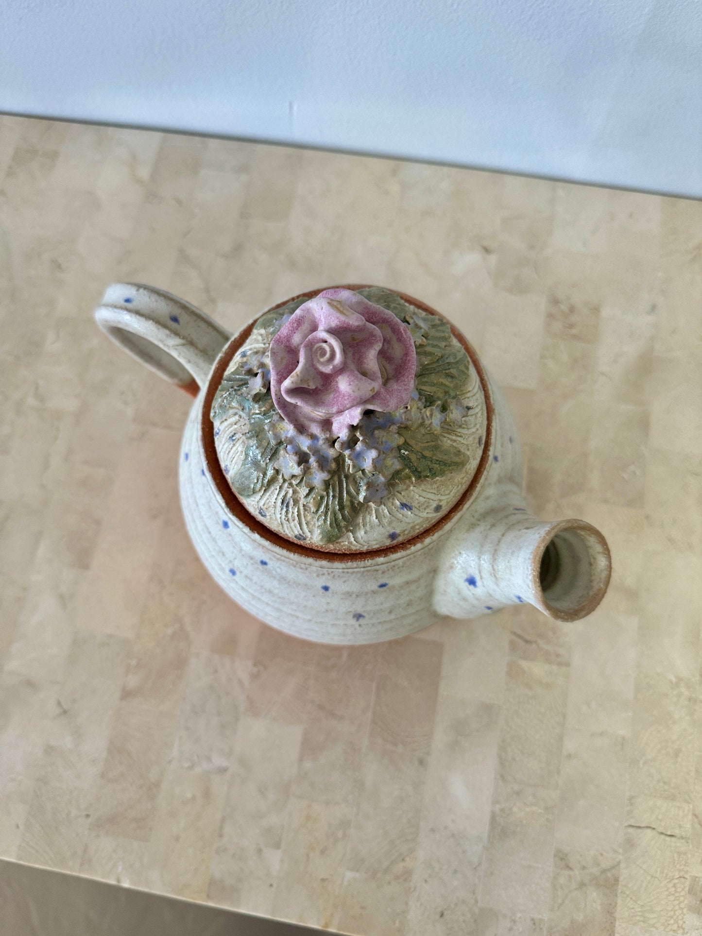 Vintage 1999 Studio Pottery Teapot with Applied Rose Lid