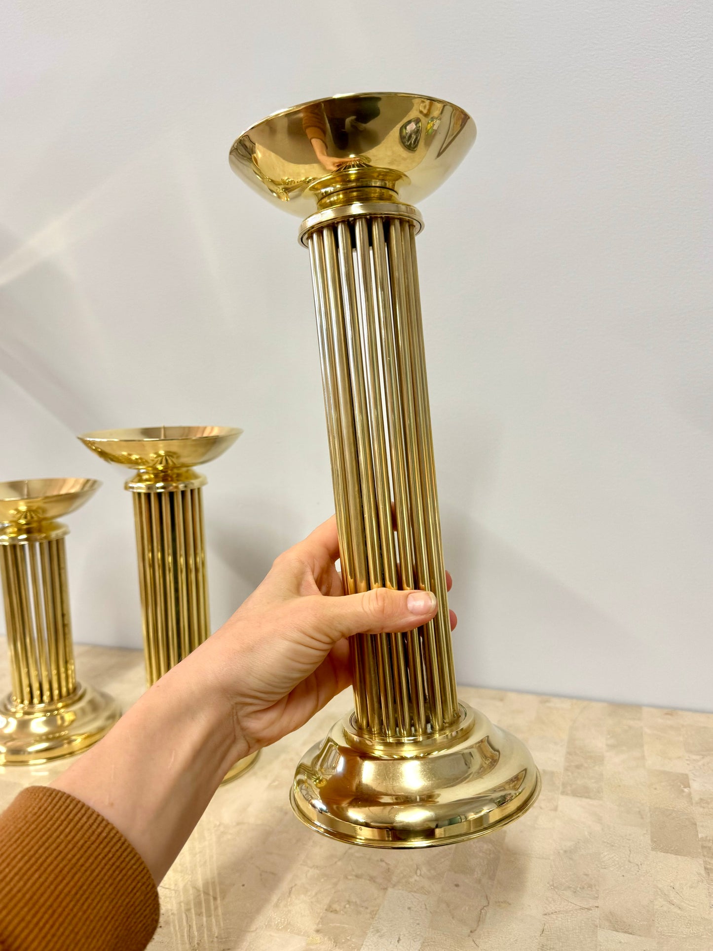 Vintage Brass Pedestal Pillar Candle Holder Trio