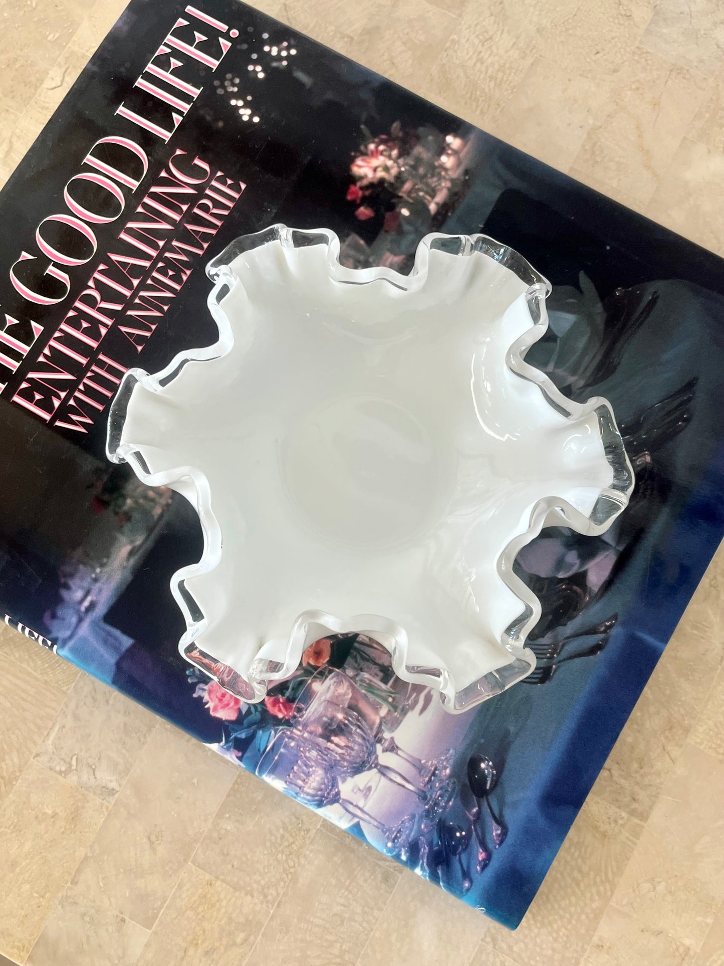 Vintage Fenton Milk Glass Ruffle Trinket Dish