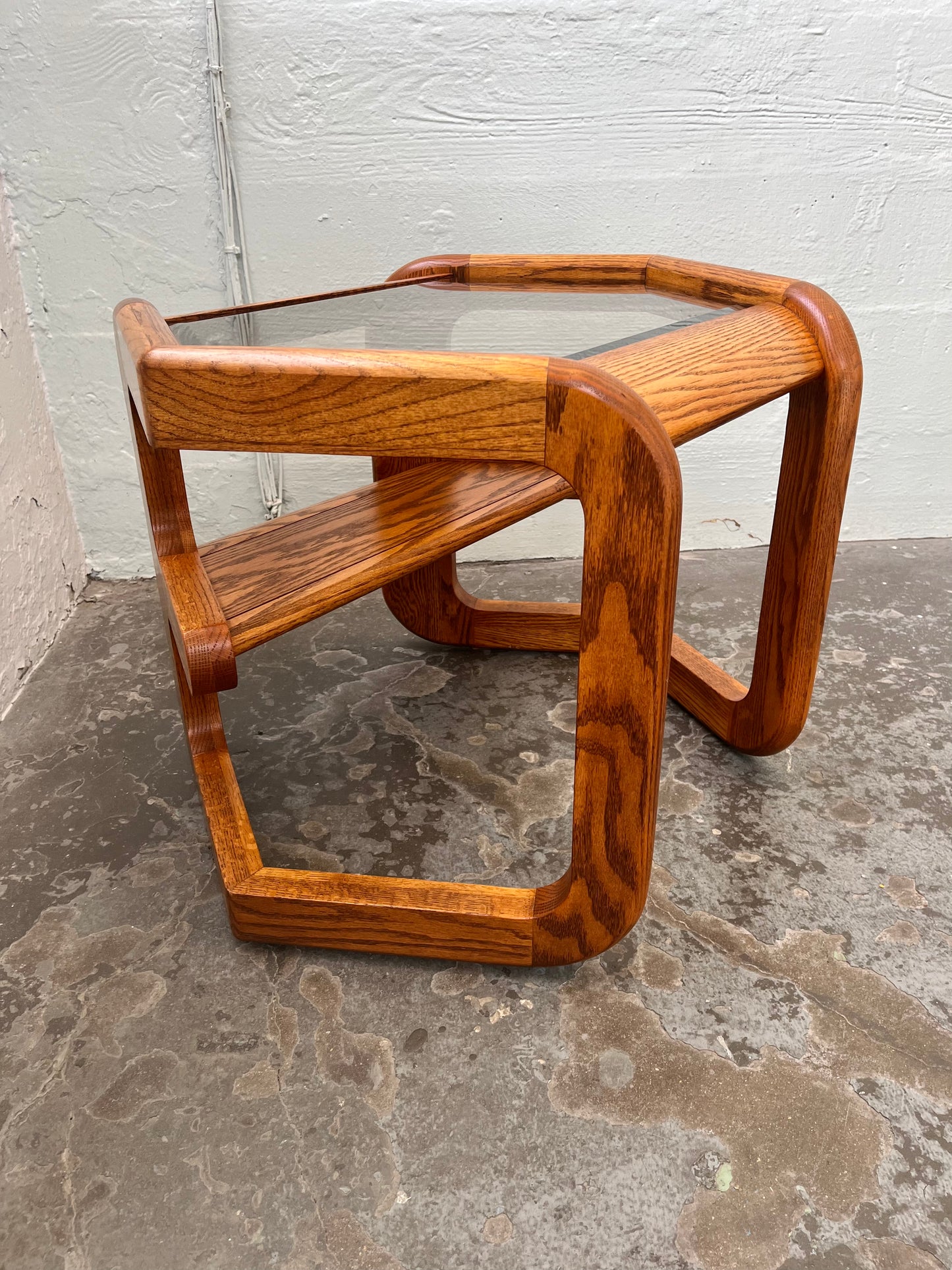 Vintage Postmodern Lou Hodges Style Oak Hexagon End Table