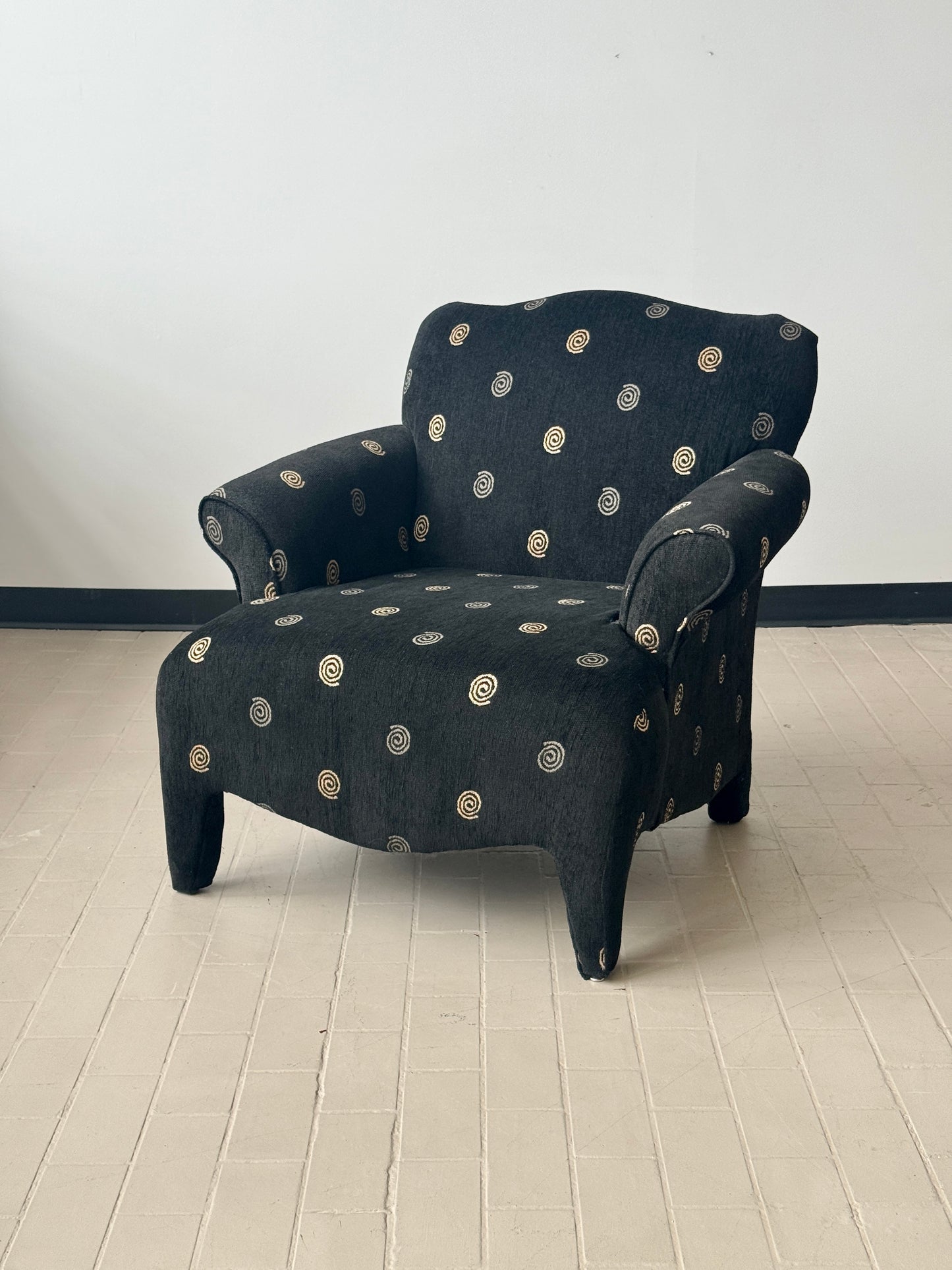Postmodern Spiral Motif Upholstered Club Chair in the style of Donghia Luciano