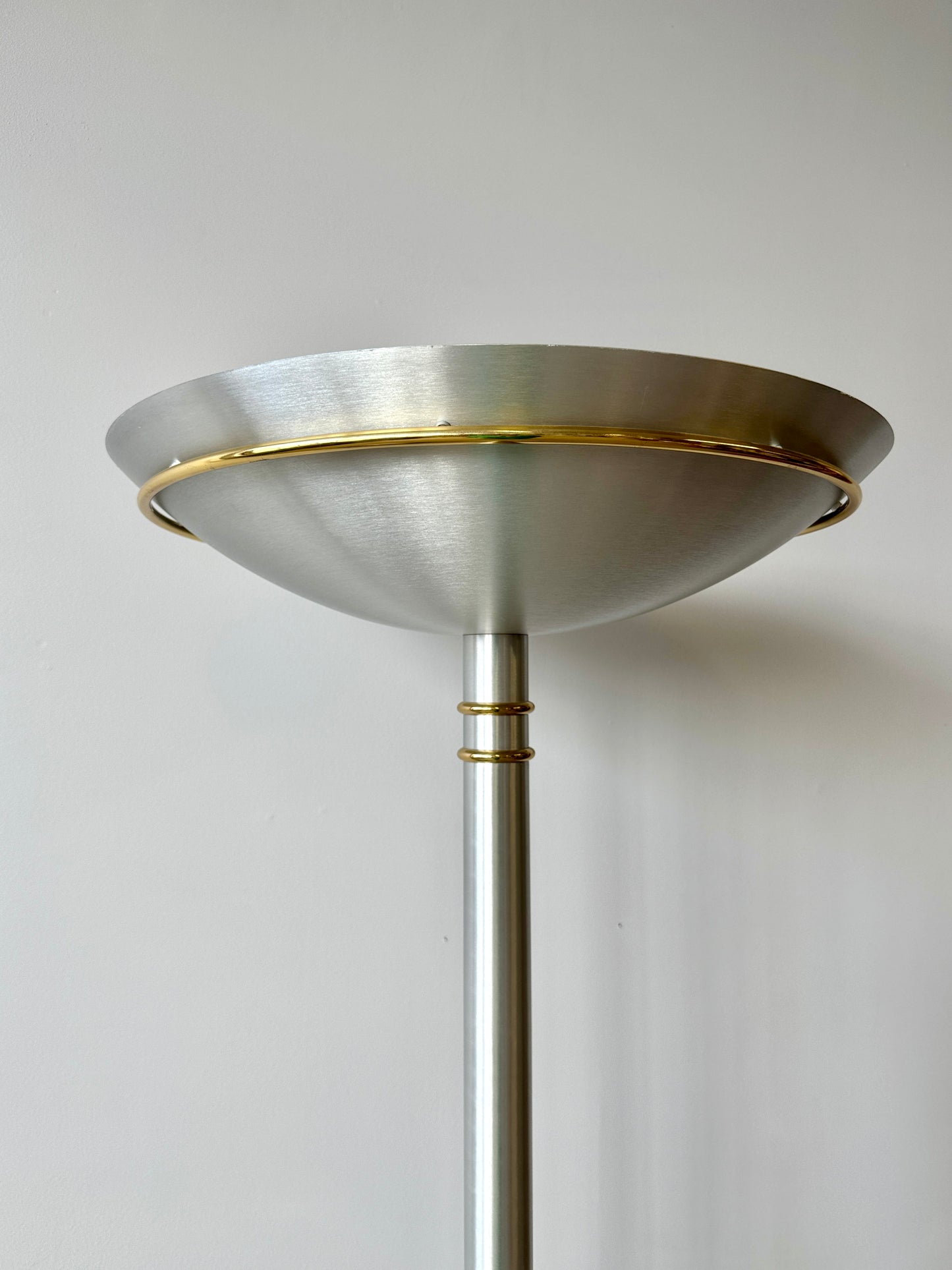 Vintage Postmodern Brushed Aluminum and Brass Torchiere Floor Lamp