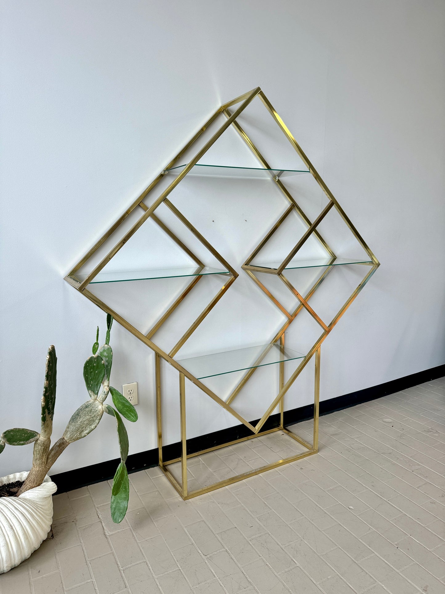 Vintage Diamond Brass and Glass Etagere