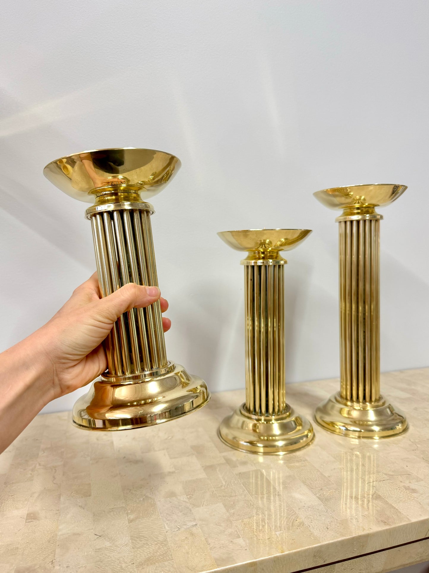Vintage Brass Pedestal Pillar Candle Holder Trio