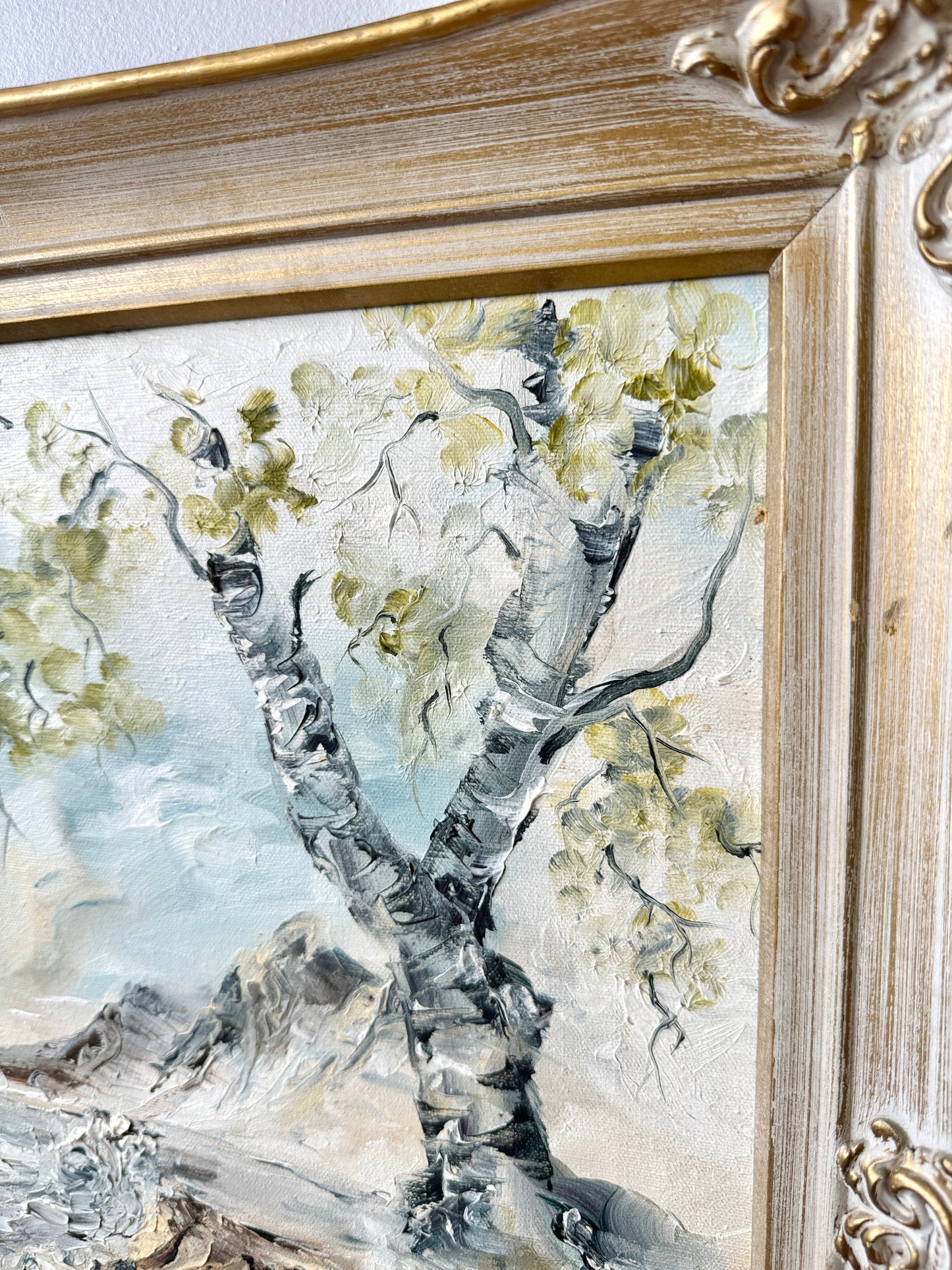 Vintage River’s Edge Oil Painting in Carved Wood Frame