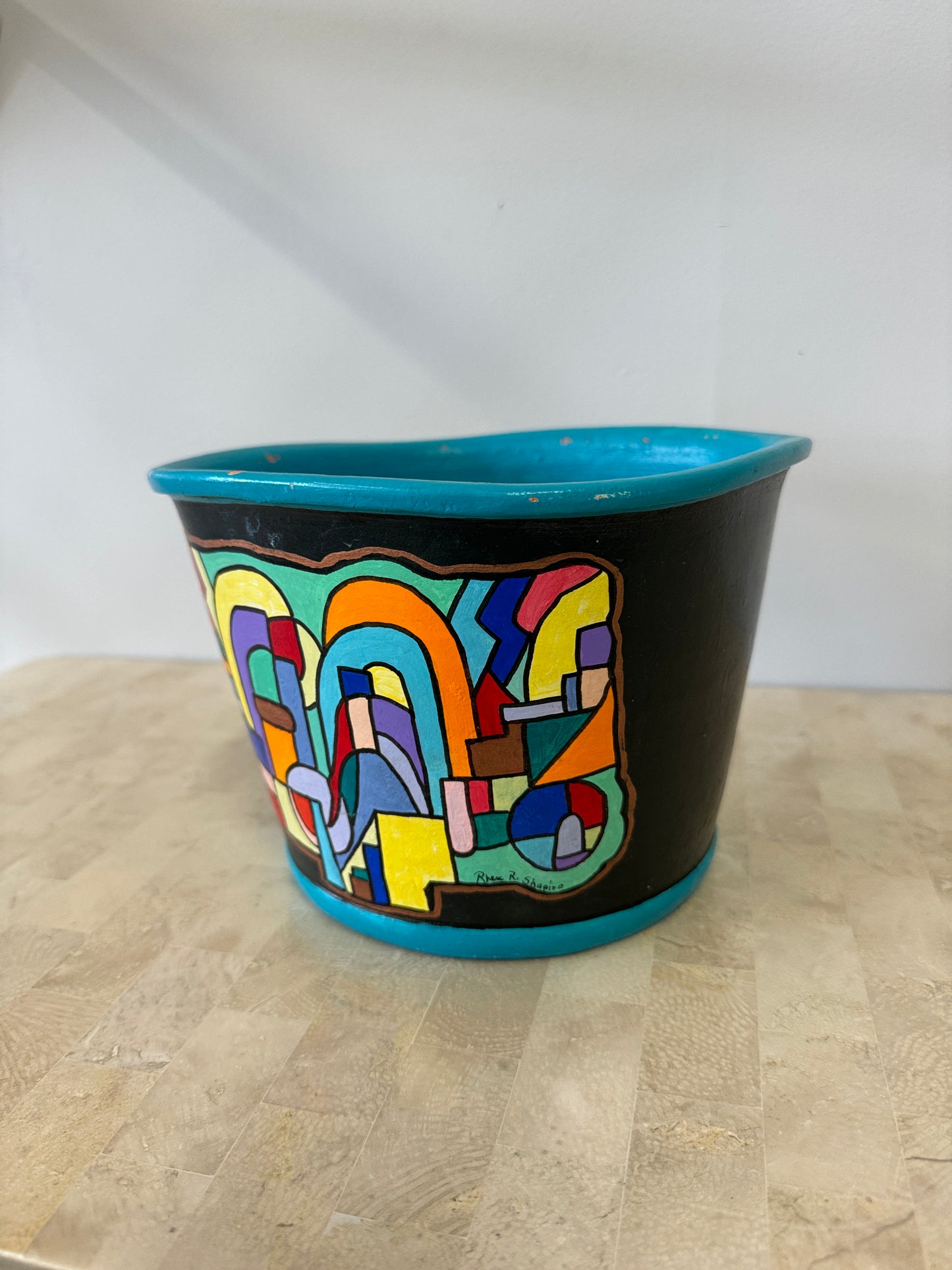 Vintage Handpainted Abstract Cubist Style Ceramic Planter
