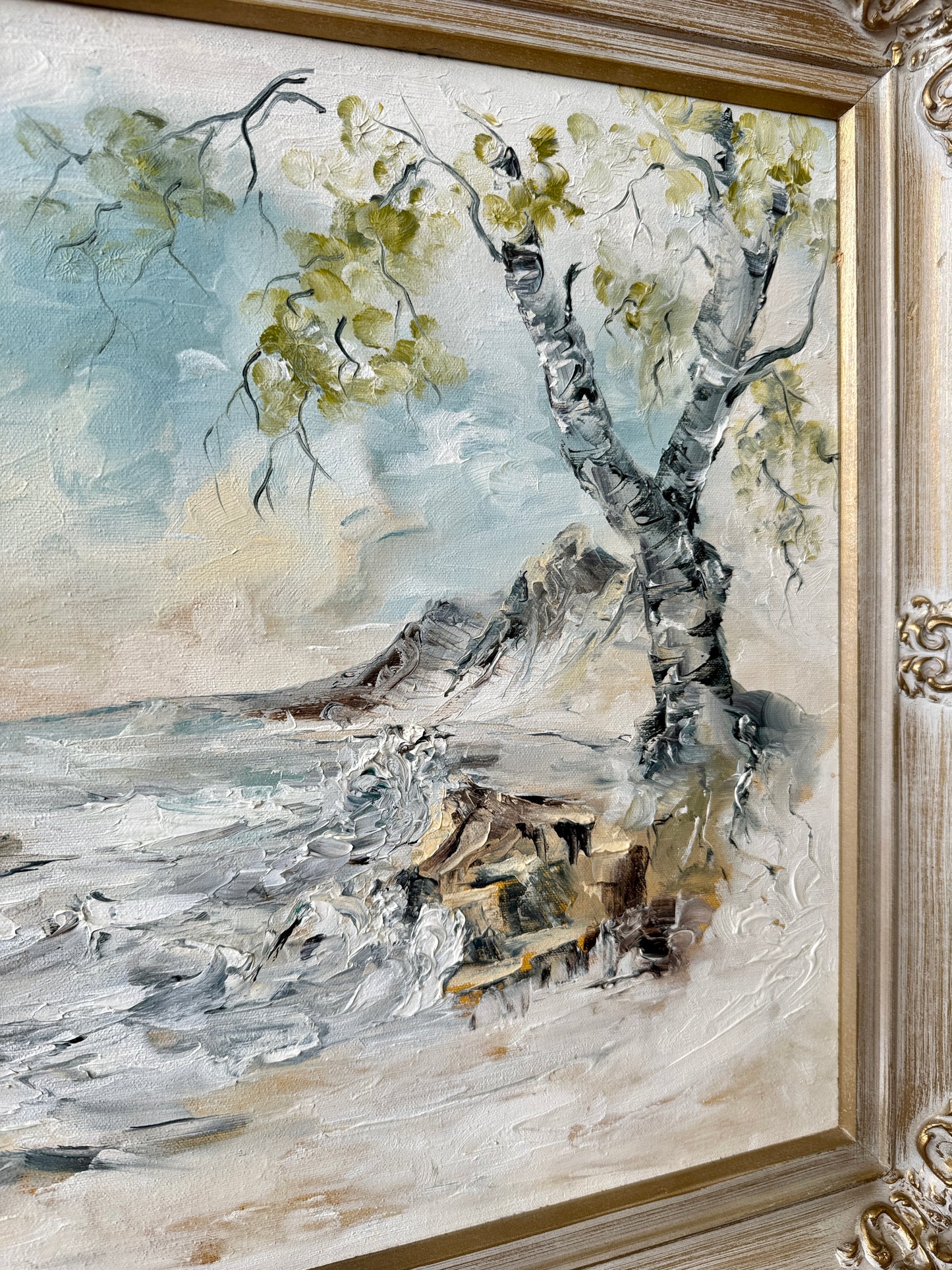 Vintage River’s Edge Oil Painting in Carved Wood Frame