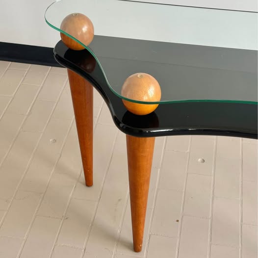 Postmodern Wavy Glass and Lacquer Console Table