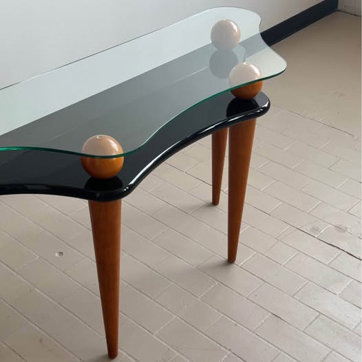 Postmodern Wavy Glass and Lacquer Console Table