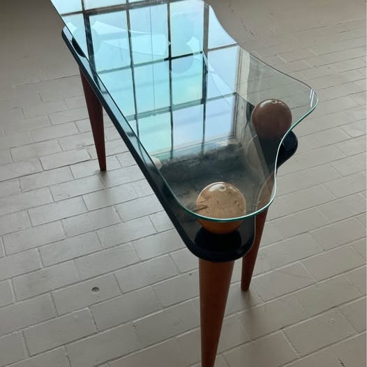 Postmodern Wavy Glass and Lacquer Console Table