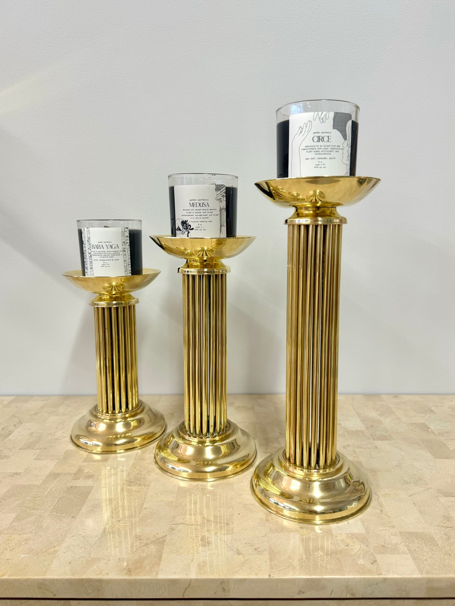 Vintage Brass Pedestal Pillar Candle Holder Trio