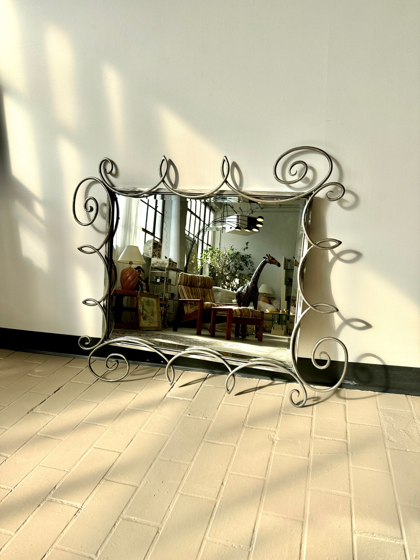 Vintage Postmodern Wrought Iron Beveled Swirl Mirror